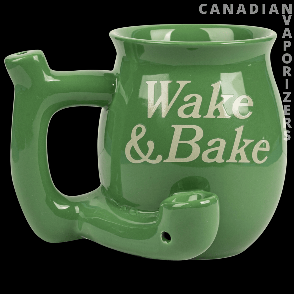 Mug Pipe - Glossy green ceramic mug pipe with a handle, bowl, and white “Wake &amp; Bake” lettering.