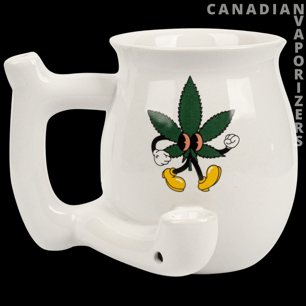 Mug Pipe - White ceramic mug pipe with a green cannabis leaf graphic, large handle, and curved smoking bowl.
