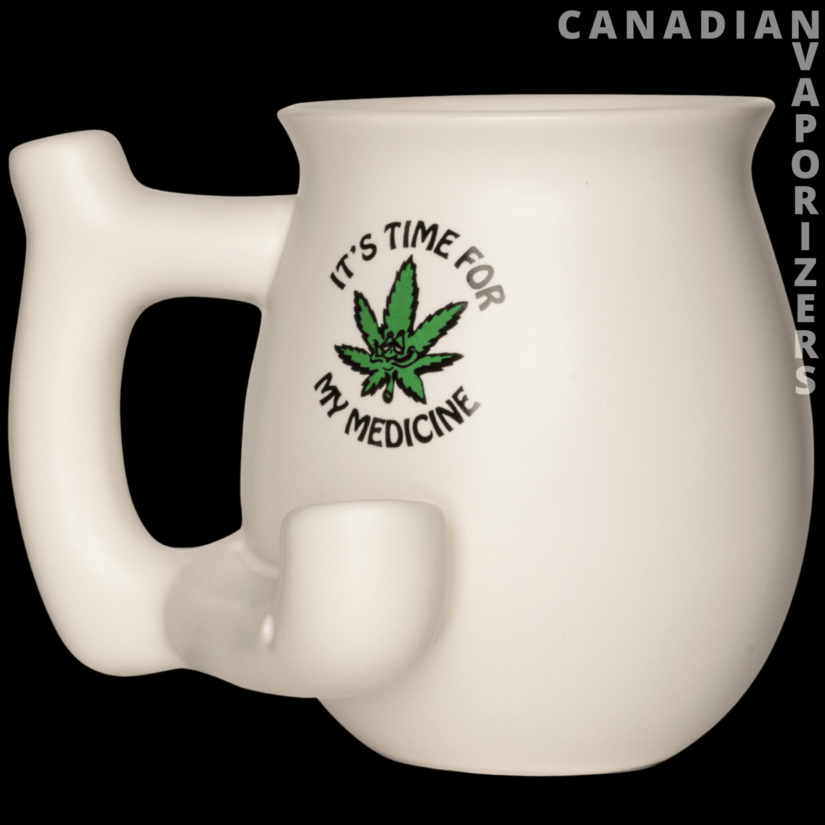 Mug Pipe - Cream ceramic mug pipe with a side handle, cannabis leaf graphic, and “It’s Time for My Medicine” text.