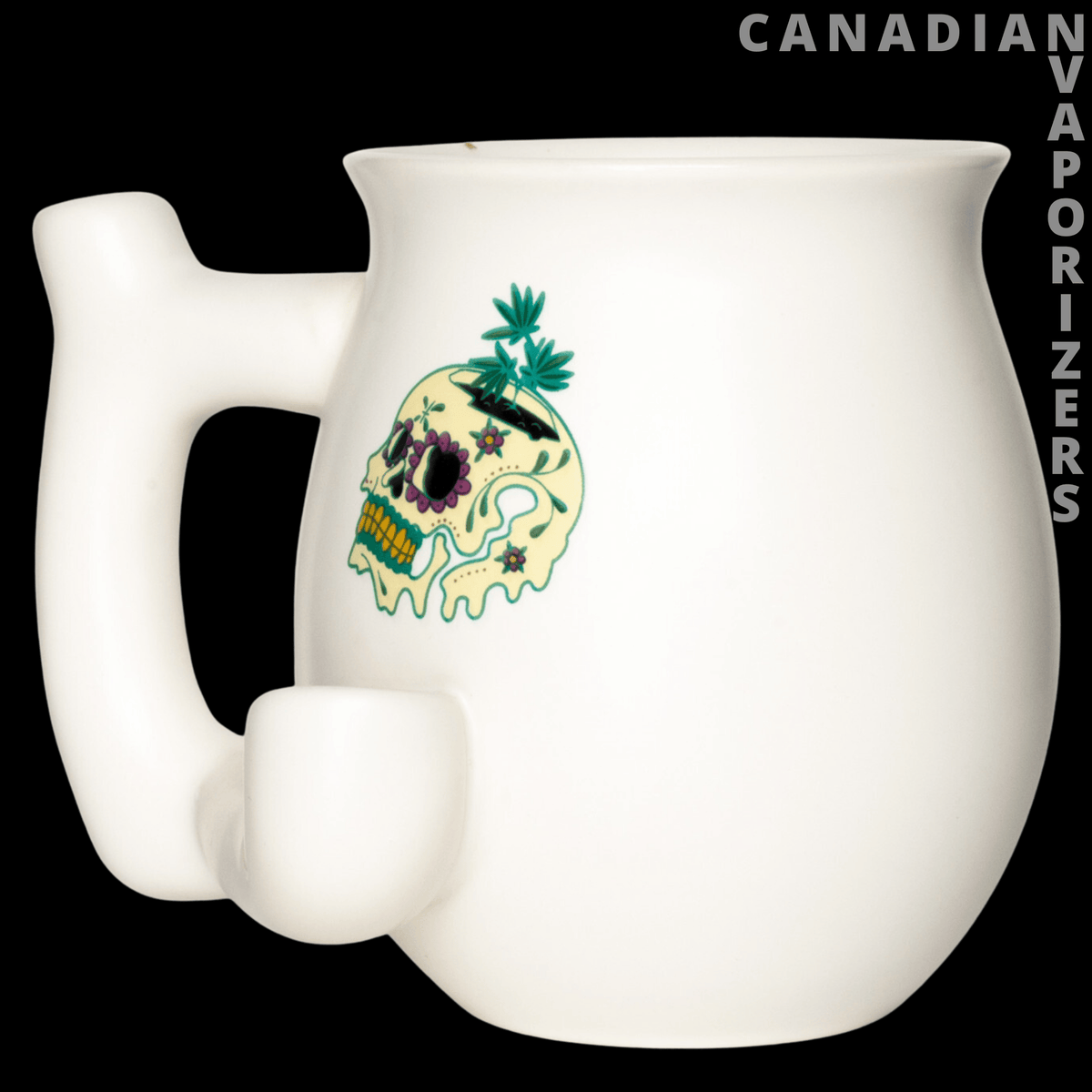 Mug Pipe - White ceramic mug pipe with a rounded bowl, side handle, and colorful sugar skull with cannabis leaves.