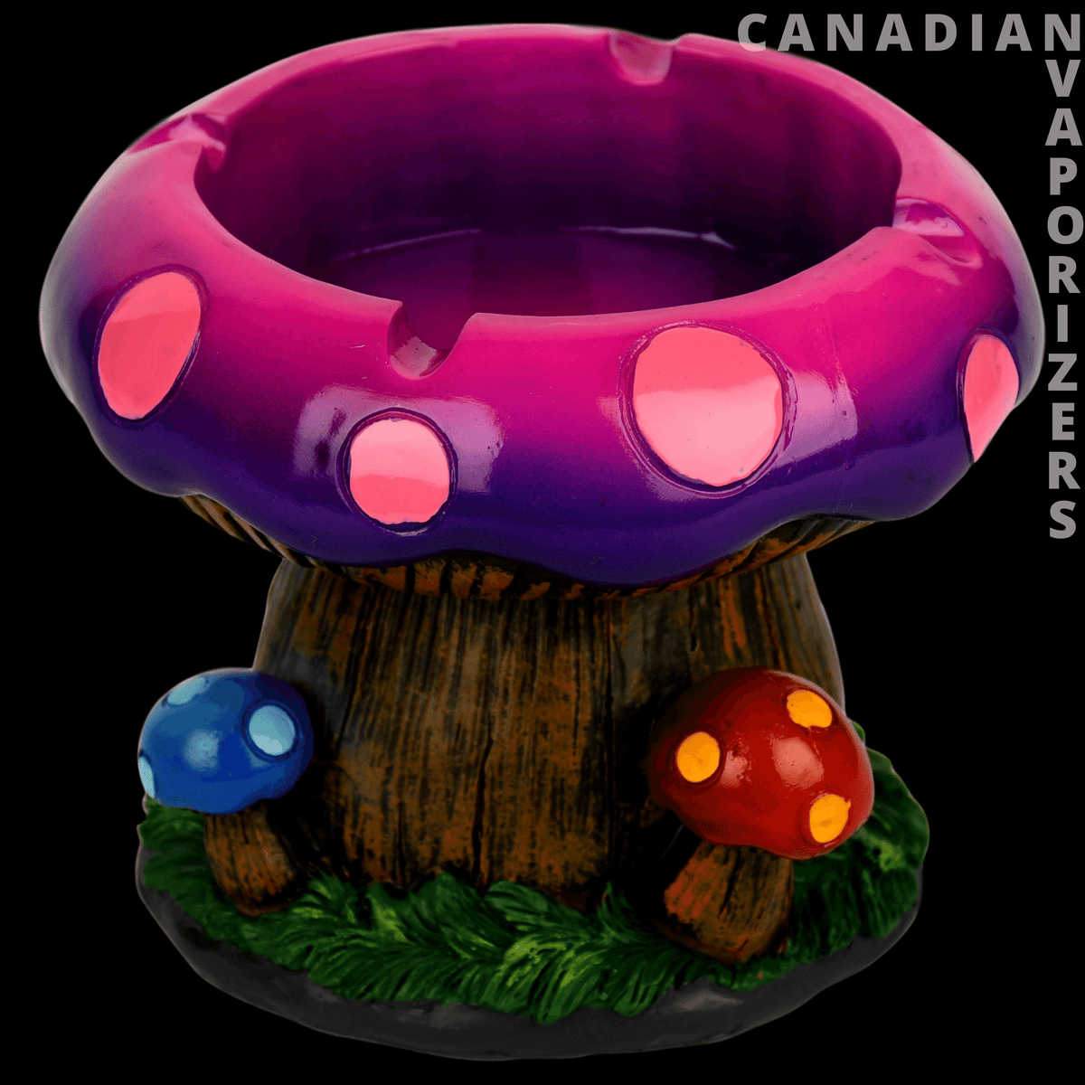 Mushroom Stashbox Ashtray - Colorful mushroom-shaped stash box ashtray with a magenta cap, glowing spots, and a textured brown stem on a green base.