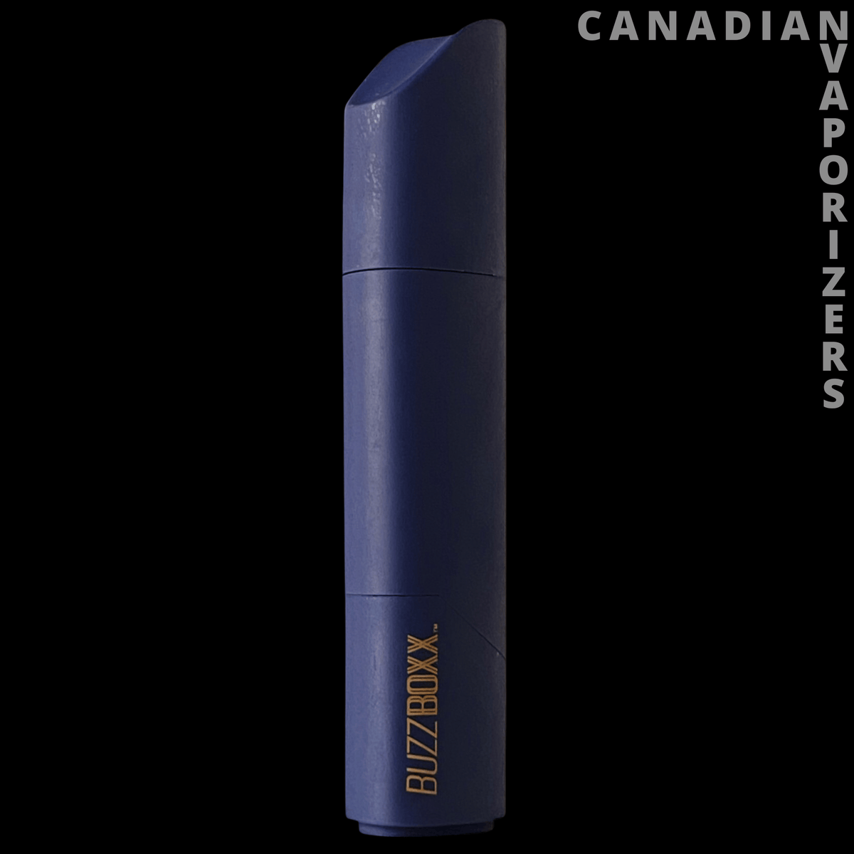 Nekktar Buzzbox - Navy blue cylindrical Buzzbox vaporizer with a rounded cap and gold vertical branding.