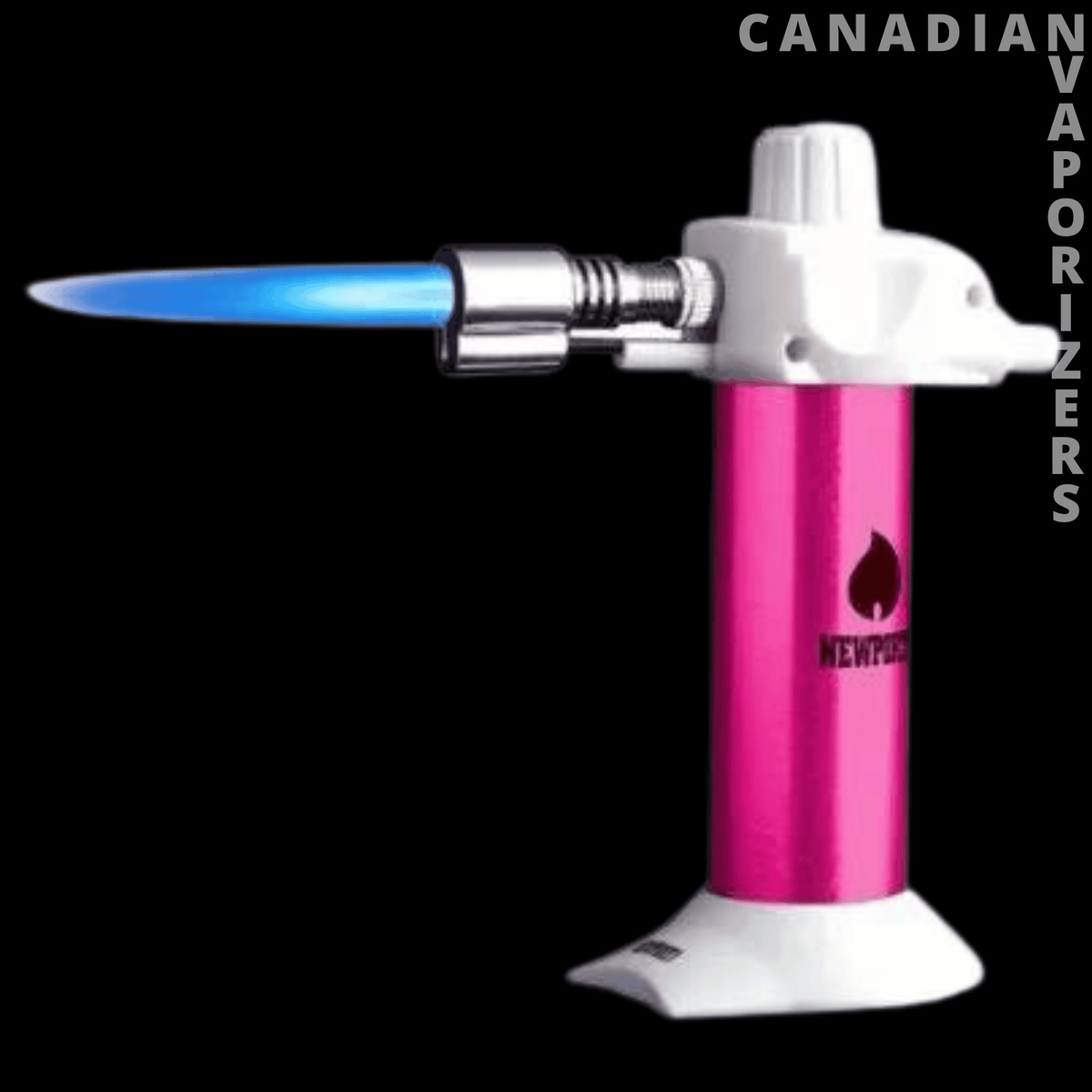 Newport 5.5" Mini Torch - Pink mini torch with a blue flame, chrome nozzle, and white base and top.