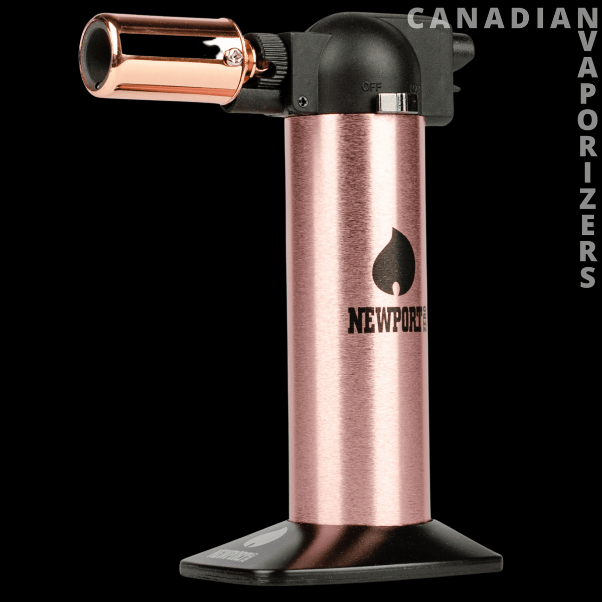Newport 6" Torch - Rose gold Newport torch with a black angled head, copper nozzle, and wide black base.