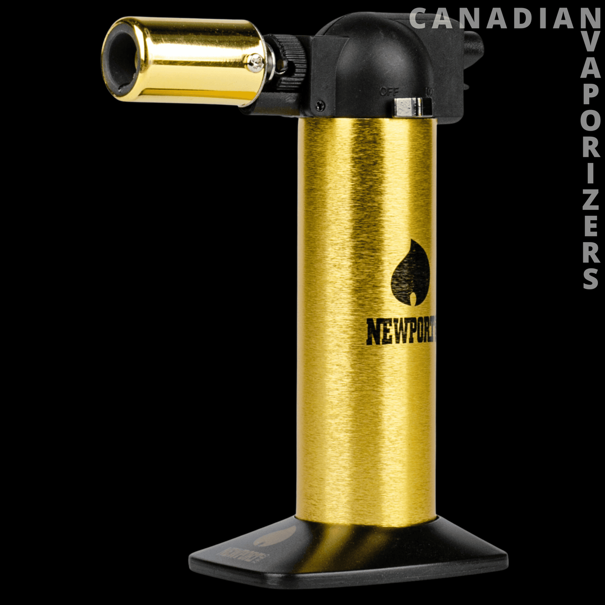 Newport 6" Torch - Gold Newport torch with a black angled nozzle and wide black base.