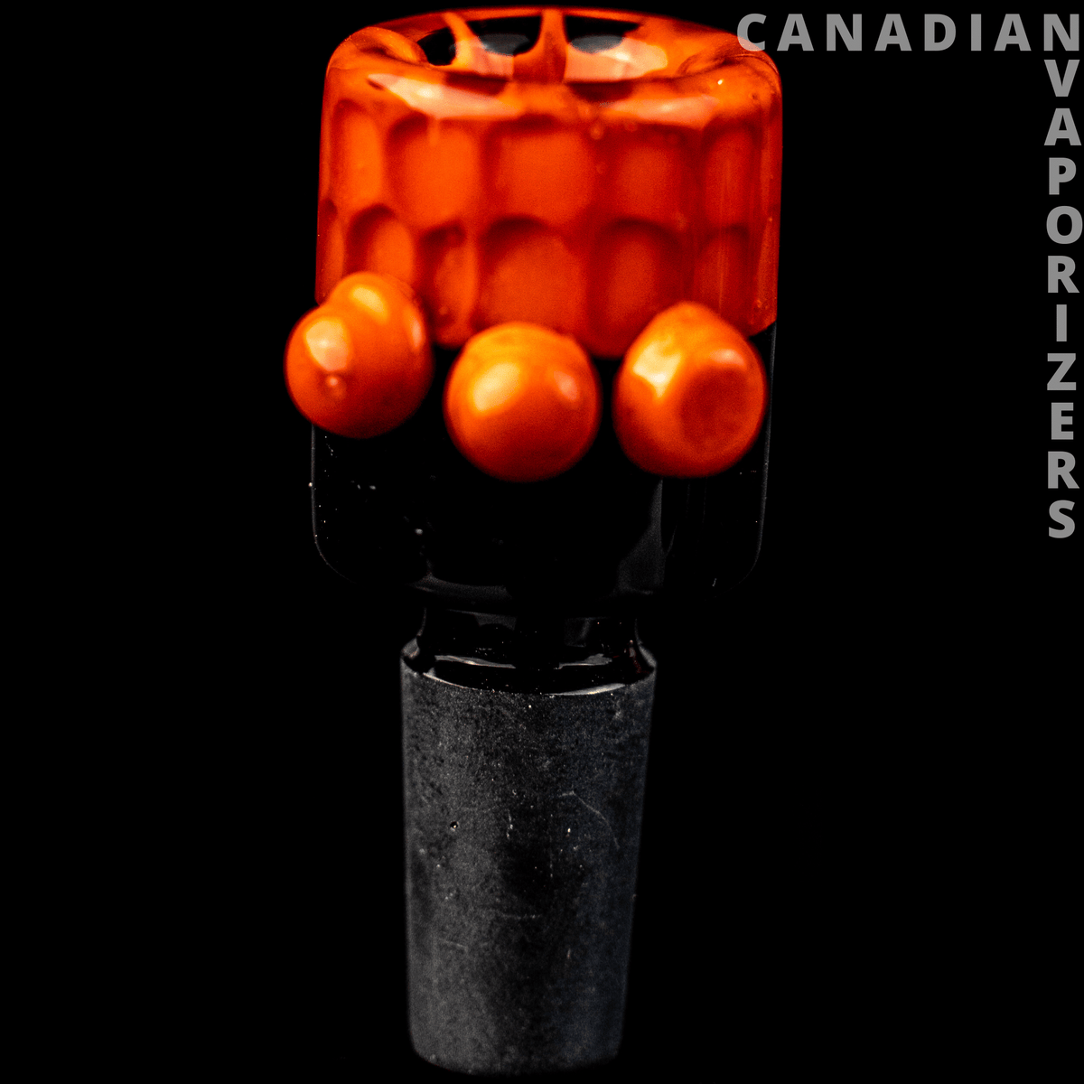 Orange | 14MM Hydros Honeycomb Bowl - Orange honeycomb glass bowl with raised rounded bumps and a black tapered 14 mm stem.