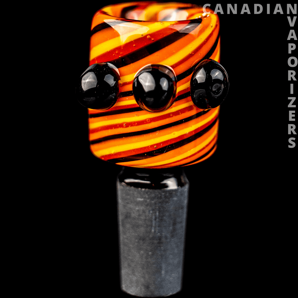 Orange/Red/Yellow/Black | 14MM Hydros Whirlpool Bowl - 14mm glass whirlpool bowl with orange, red, yellow, and black swirls and three black air holes, on a gray stem.