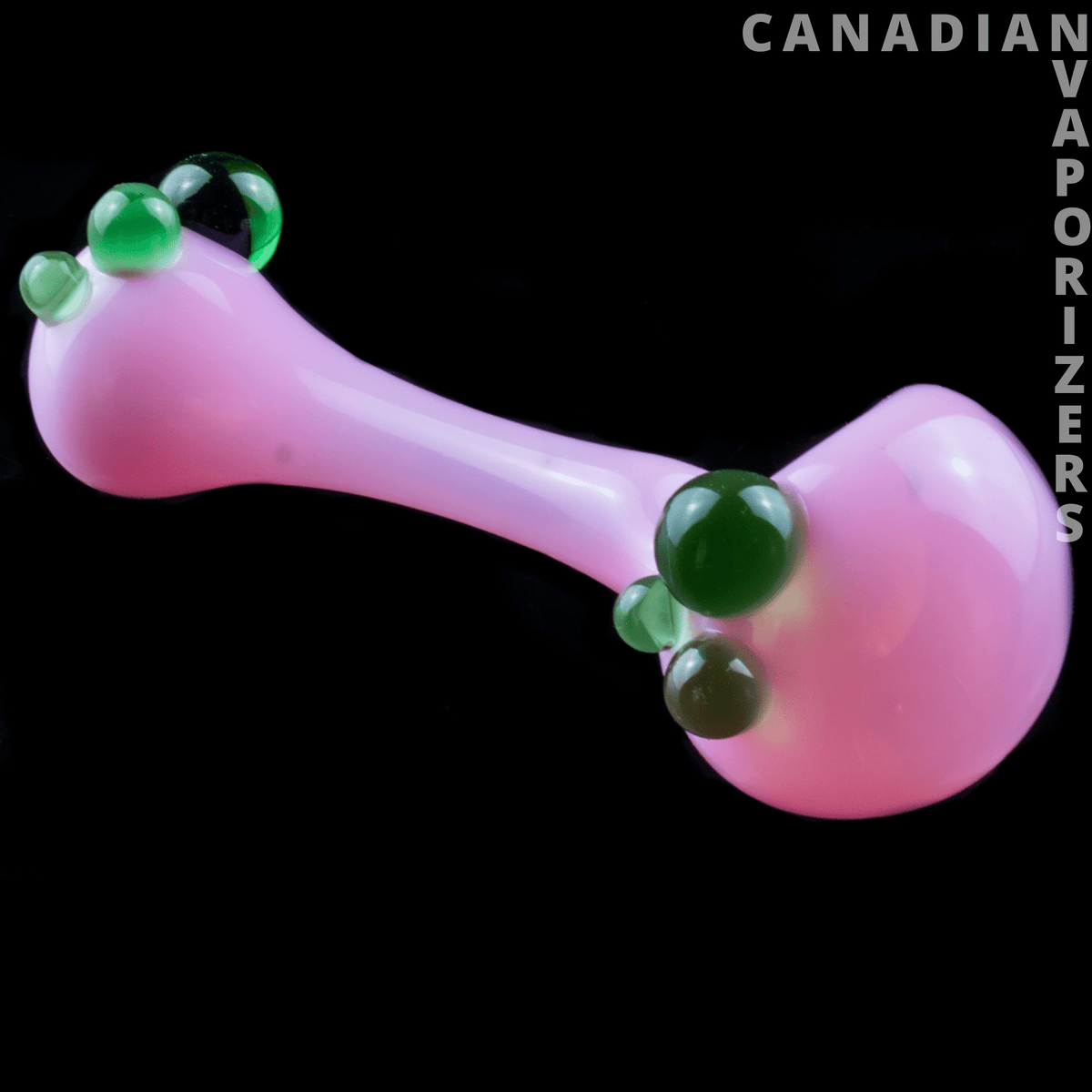 Pink Heady Pipe - Pink glass pipe with bulbous ends and small green decorative glass beads.