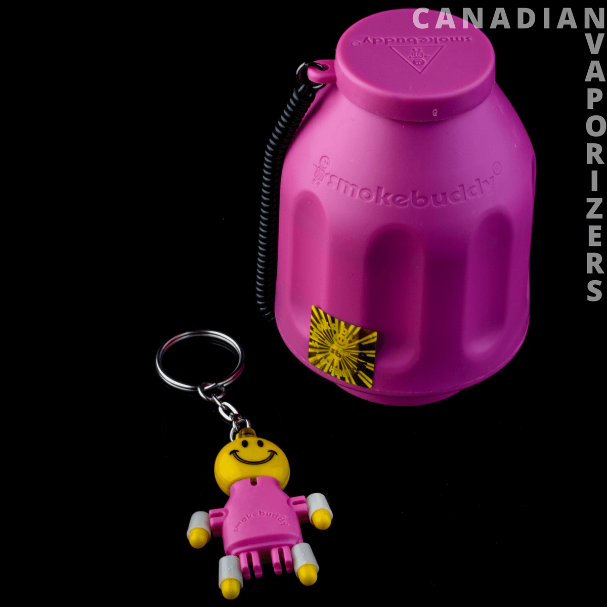 Pink Original Smokebuddy - Bright pink Smokebuddy with molded grip, hanging black cord, and a matching yellow-accented keychain charm.