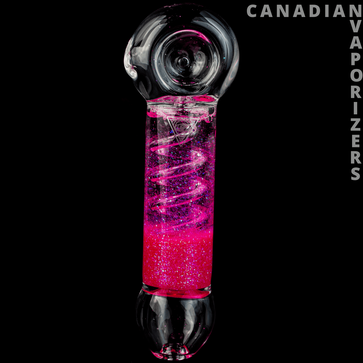 Pink | Red Eye Glass Sparkle Chiller Coil Hand Pipe - Pink glitter glass chiller coil hand pipe with a clear eye-shaped bowl and dark glass mouthpiece.