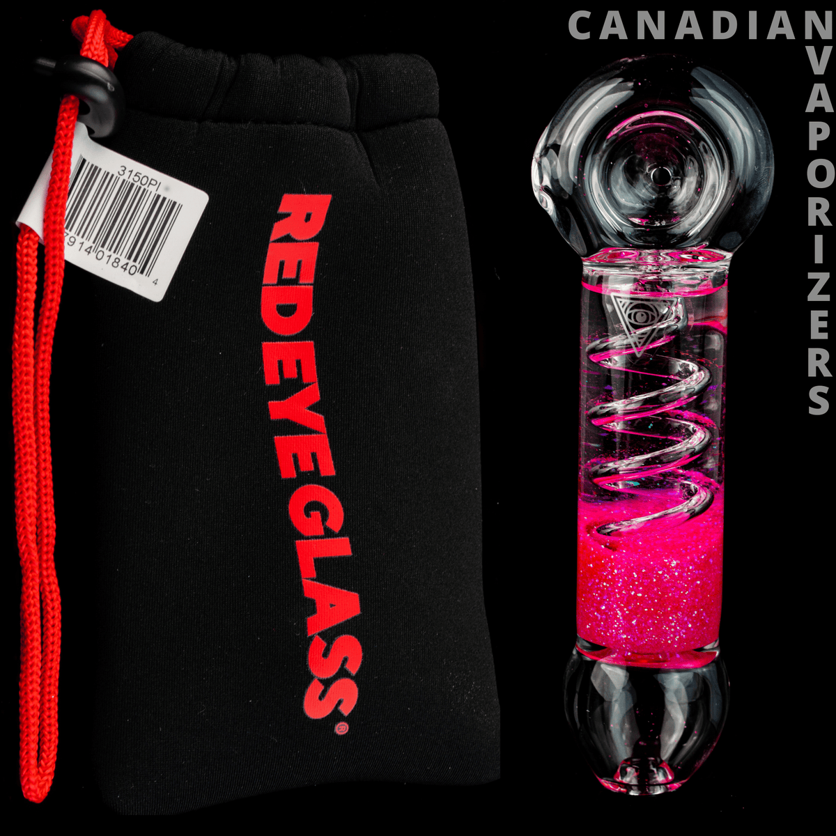 Pink | Red Eye Glass Sparkle Chiller Coil Hand Pipe - Clear glass hand pipe with a pink sparkle-filled chiller coil, red accents, and a black drawstring pouch.