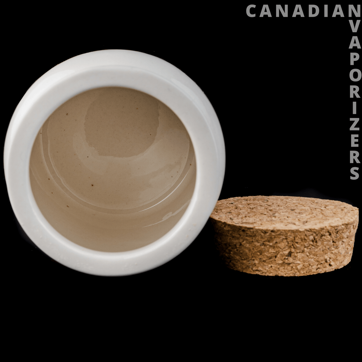 Pink | Stoner Girl Ceramic Stash Jar - White ceramic stash jar shown open with a round cork lid beside it.