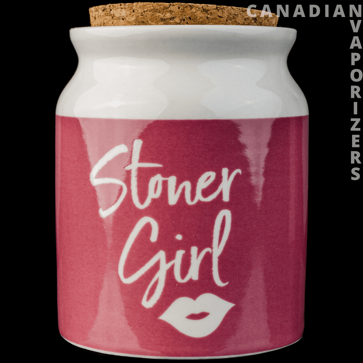 Pink | Stoner Girl Ceramic Stash Jar - Pink ceramic stash jar with a cork lid and white “Stoner Girl” lettering and lips.