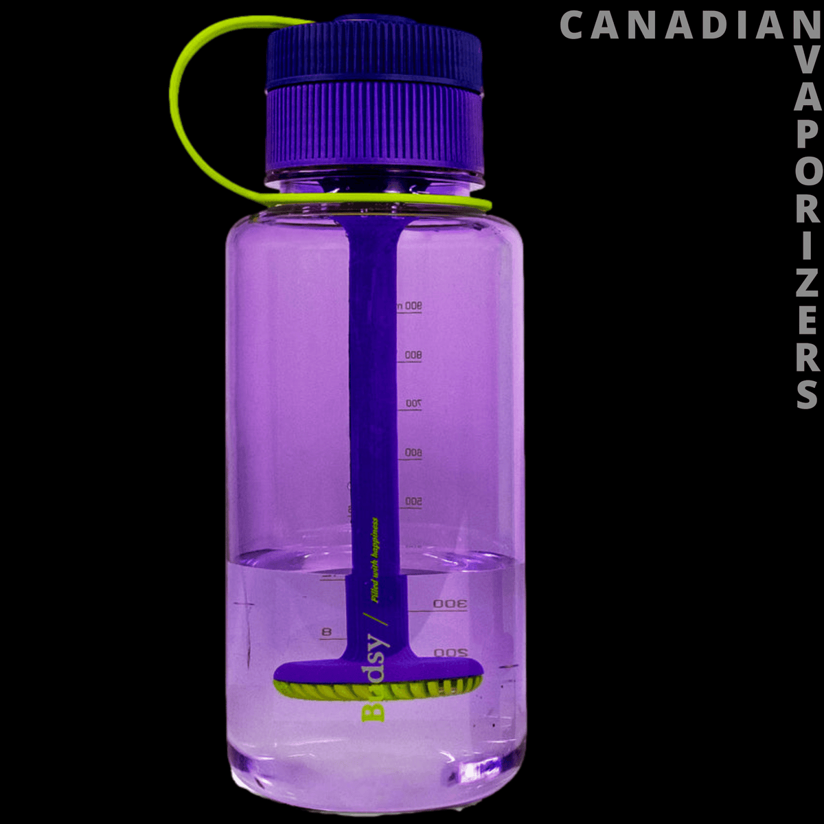 Puffco Budsy | Bong Water Bottle - Transparent purple Budsy water bottle with a matching ribbed cap, lime-green loop, and internal glass bubbler.