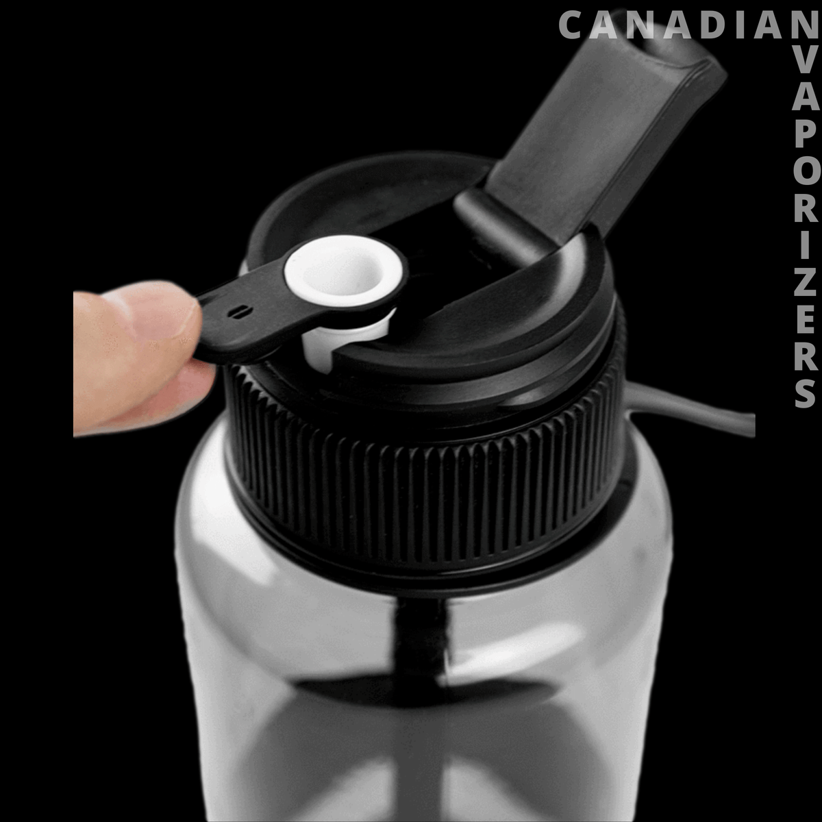 Puffco Budsy | Bong Water Bottle - Clear Puffco Budsy water bottle with a black ribbed cap, white drinking spout, and hinged flip straw lid.