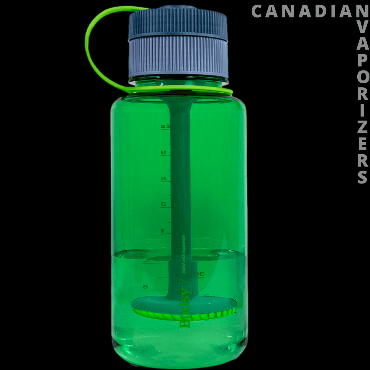 Puffco Budsy | Bong Water Bottle - Transparent emerald-green water bottle bubbler with a dark ribbed screw cap, green loop, and internal stem.