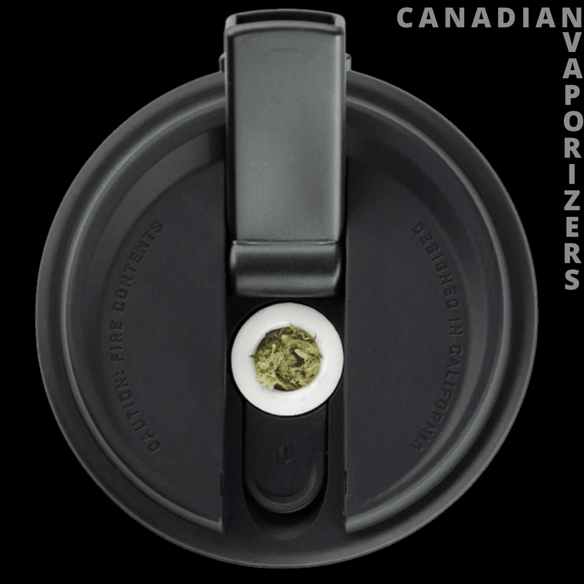 Puffco Cupsy | Water Pipe - Black Puffco Cupsy water pipe with a round lid and a small cannabis-filled bowl in the center.