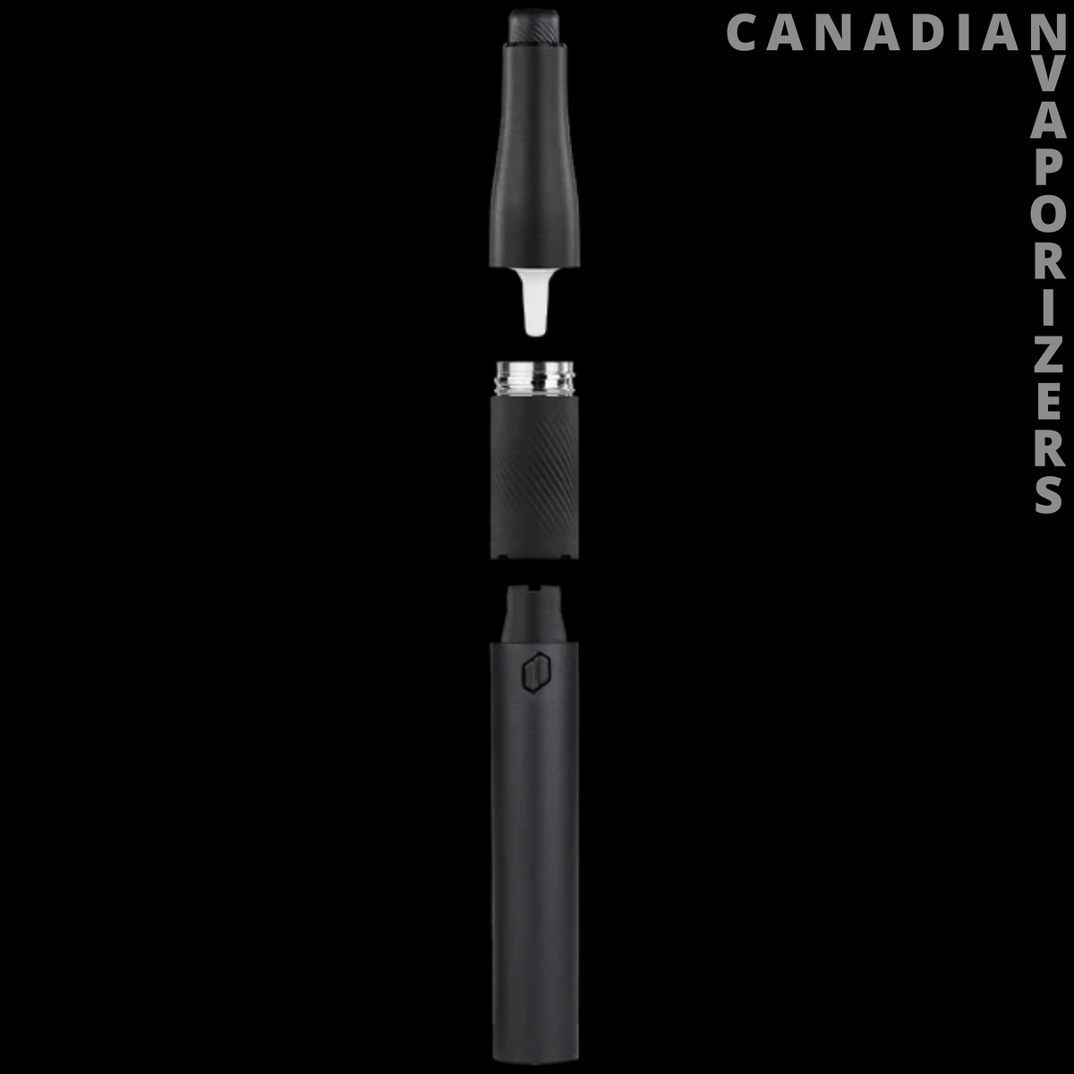 New Puffco Plus - Black Puffco Plus vaporizer shown disassembled, with its mouthpiece, chamber, and slim battery separated vertically.