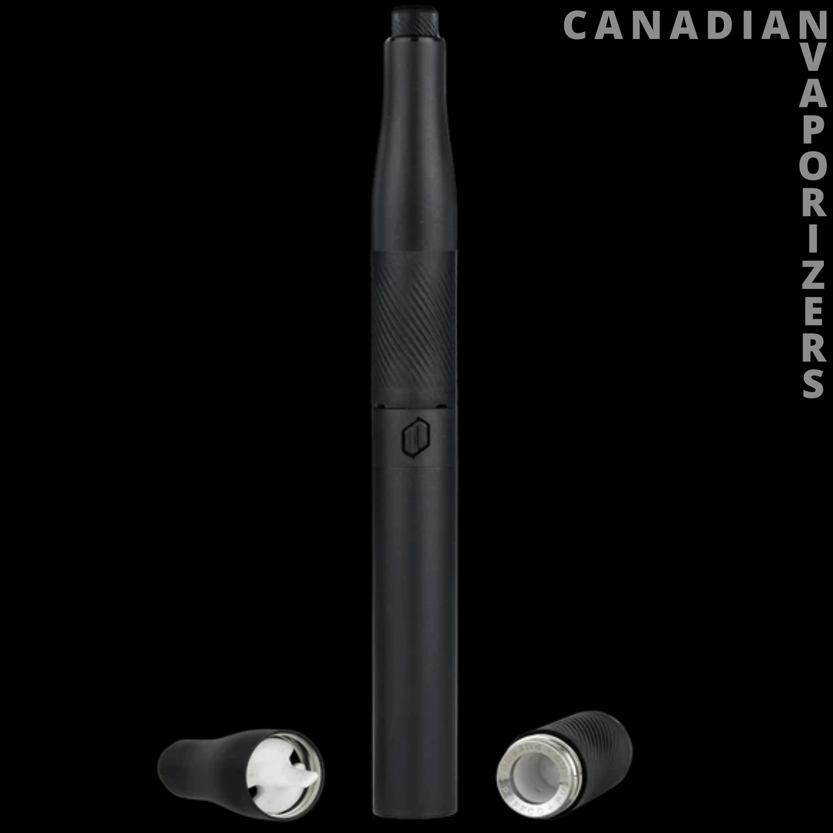 New Puffco Plus - Slim black Puffco Plus vaporizer pen with textured grip and two detachable pearl-colored mouthpiece components.