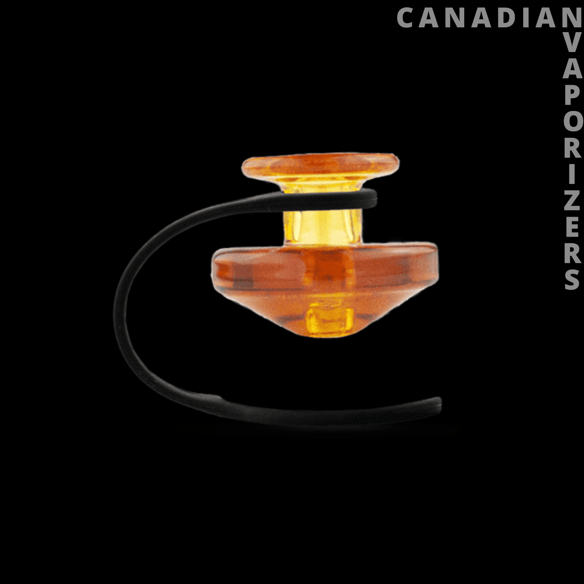Puffco Peak Carb Cap &amp; Tether - Amber-pink glass carb cap with a translucent orange stem and black tether cord.
