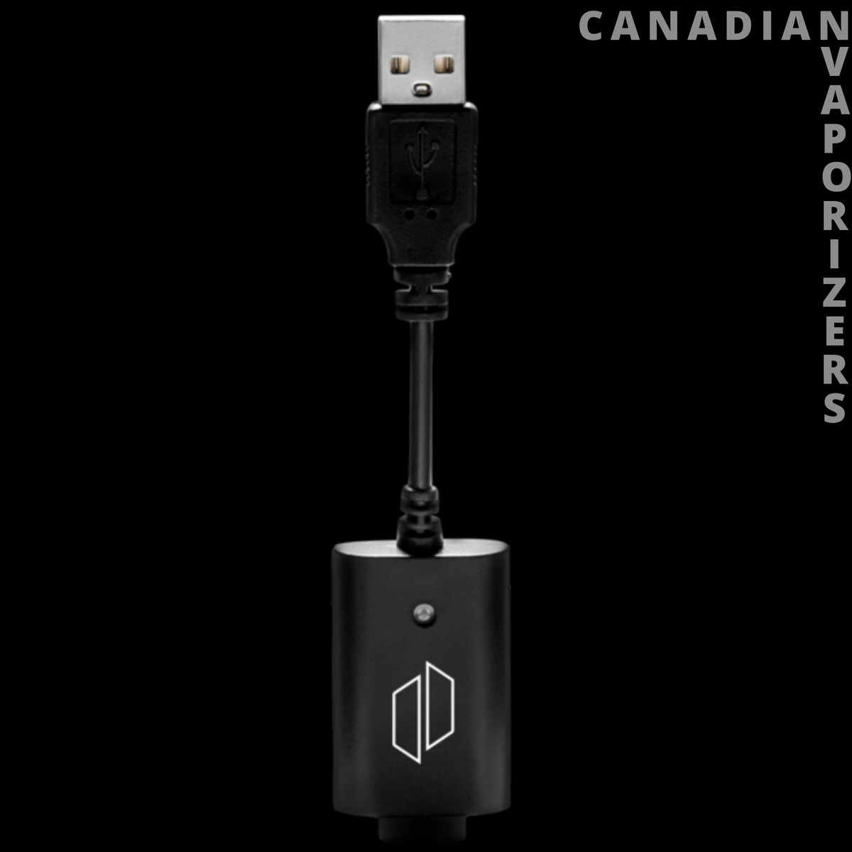 PuffCo Plus Charger - Black USB charger cable with a compact cylindrical adapter and white geometric logo.
