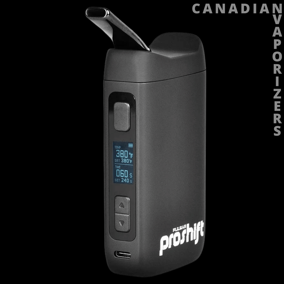 Pulsar ProShift - Black Pulsar ProShift vaporizer with a digital display, control buttons, USB-C port, and angled mouthpiece.