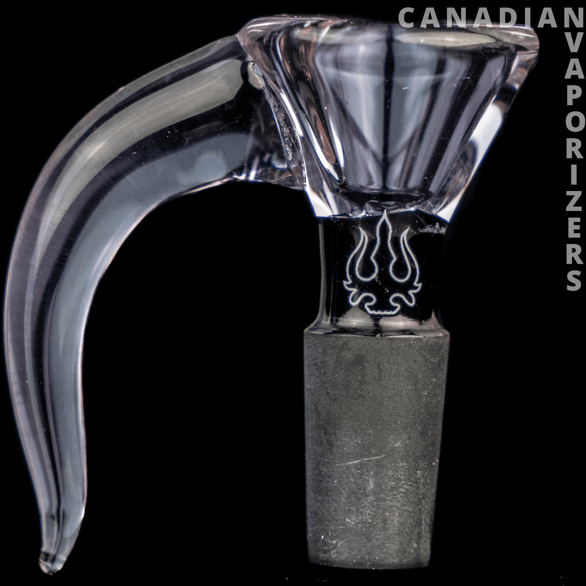 Purple | 14MM Hydros Hook Funnel Bowl - Purple 14 mm glass hook funnel bowl with a curved handle and black flame detailing.