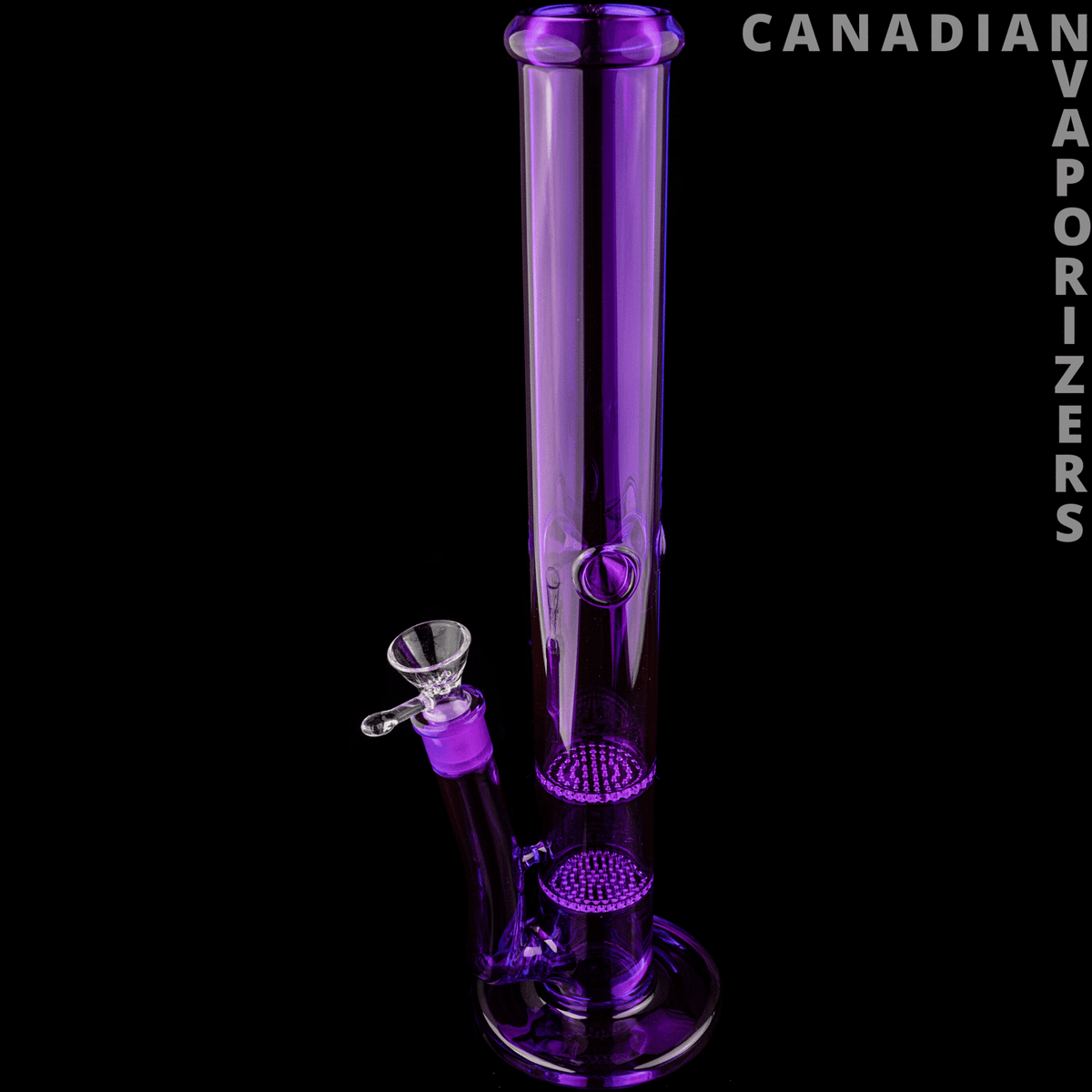 Purple 17" Day Glow Stemless Tube With Dual Honeycomb Percs - Tall translucent purple glass tube with a flared base, side bowl, and two honeycomb percolators.
