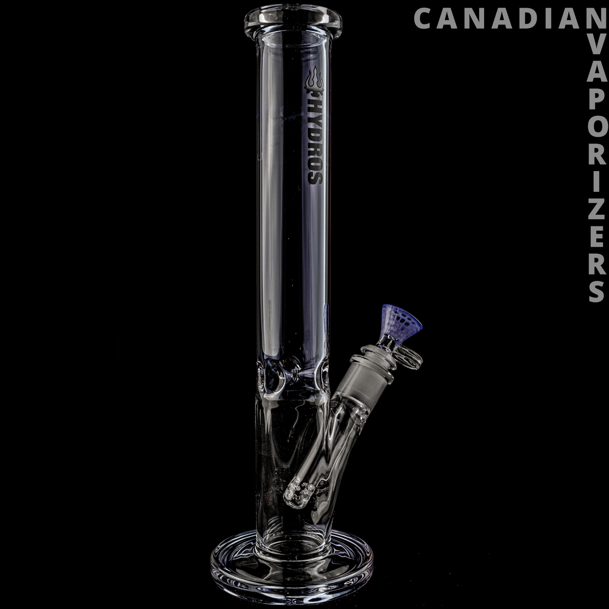 Purple | Hydros Straight Tube - Clear glass straight tube water pipe with a purple bowl and round base.