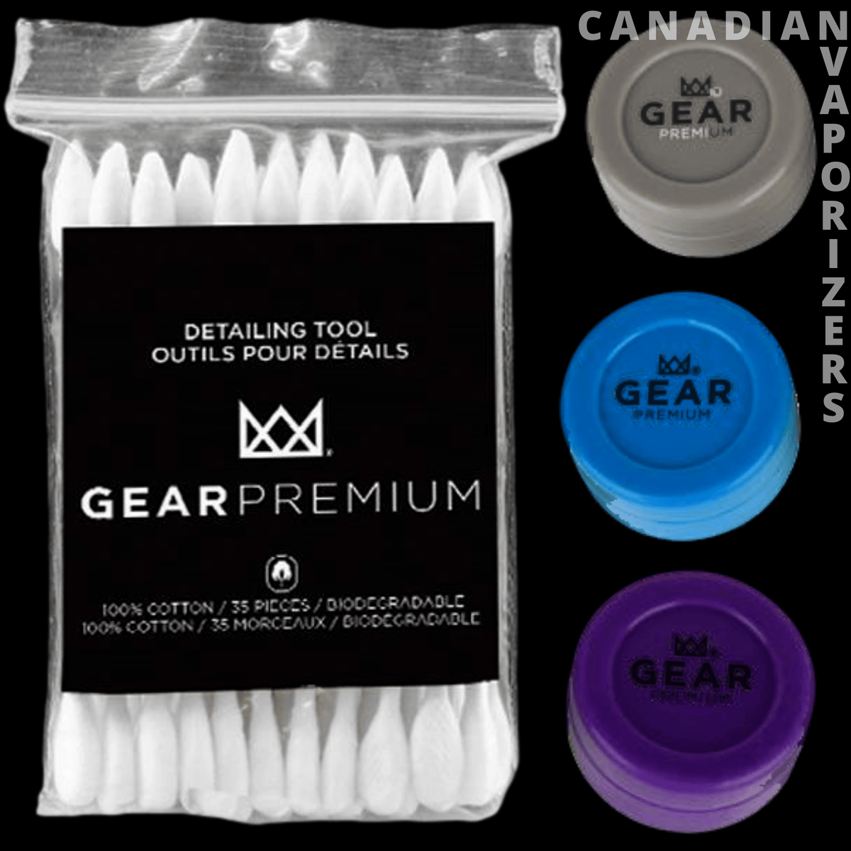 Q-Tips + Silicone Container - Gear Premium Q-Tips in a clear pouch beside round gray, blue, and purple silicone containers.