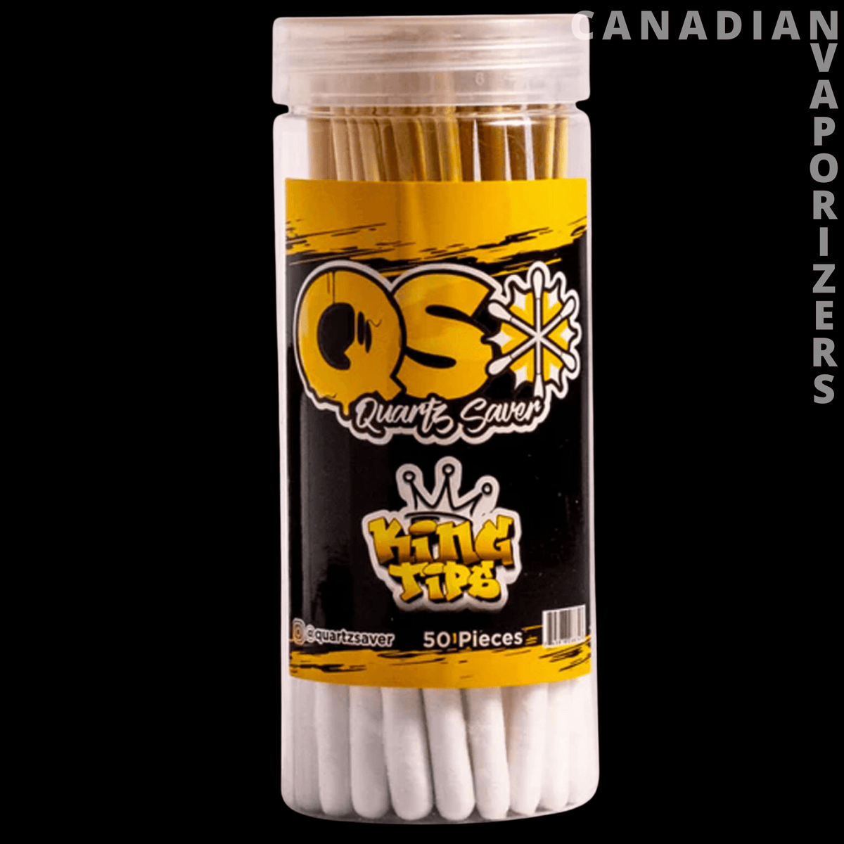 Quartzsaver King Tips (Pack of 50) - Clear plastic jar of 50 white Quartz Saver King Tips with a black and yellow label.