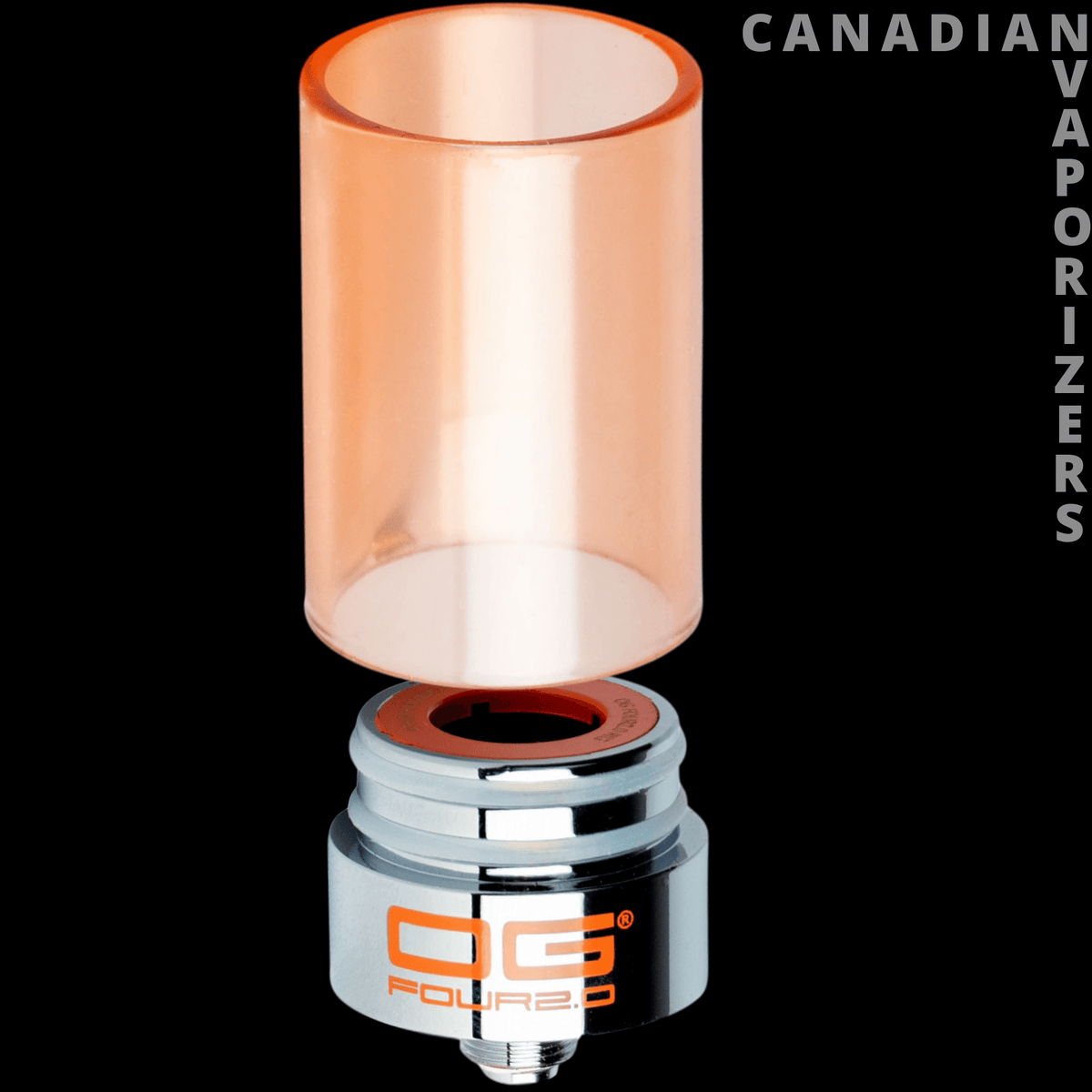 R-Series OG Rig Cartridge Kit - Clear cylindrical glass chamber above a silver metal cartridge base with an orange O-ring and logo.