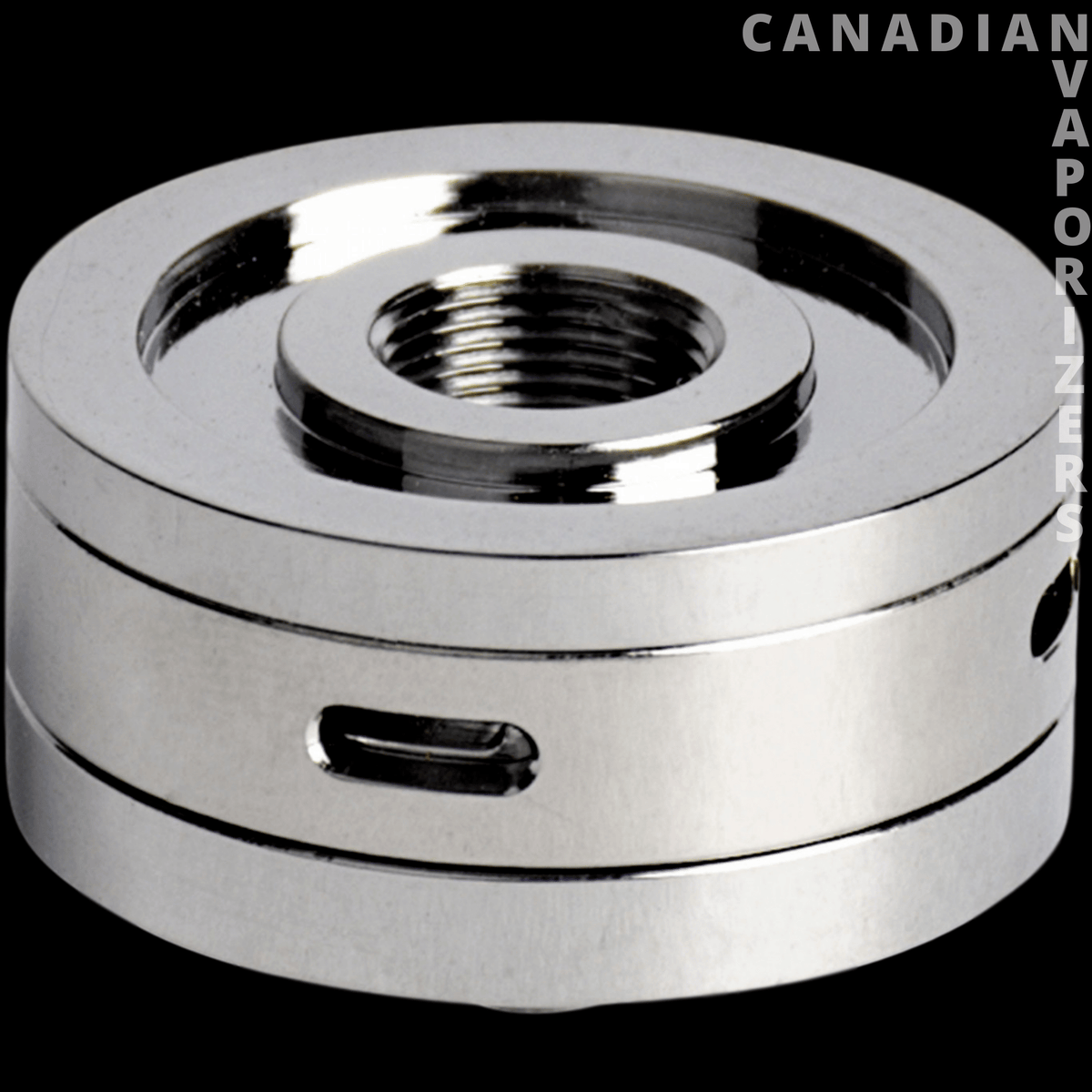 R-Series OG Rig Edition Airflow/Atomizer Base - Polished silver cylindrical atomizer base with a threaded center opening and side charging port.