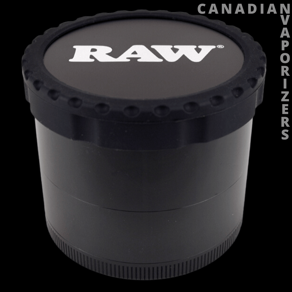 Raw | 4-Piece Life Grinder V3 - Black RAW four-piece grinder with a ridged lid and bold white logo.