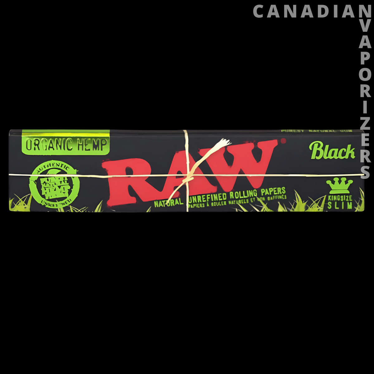 Raw Black Organic King Size Slim Rolling Papers (Display of 50) - Black RAW organic hemp king size slim rolling paper display box with green graphics and red RAW logo.