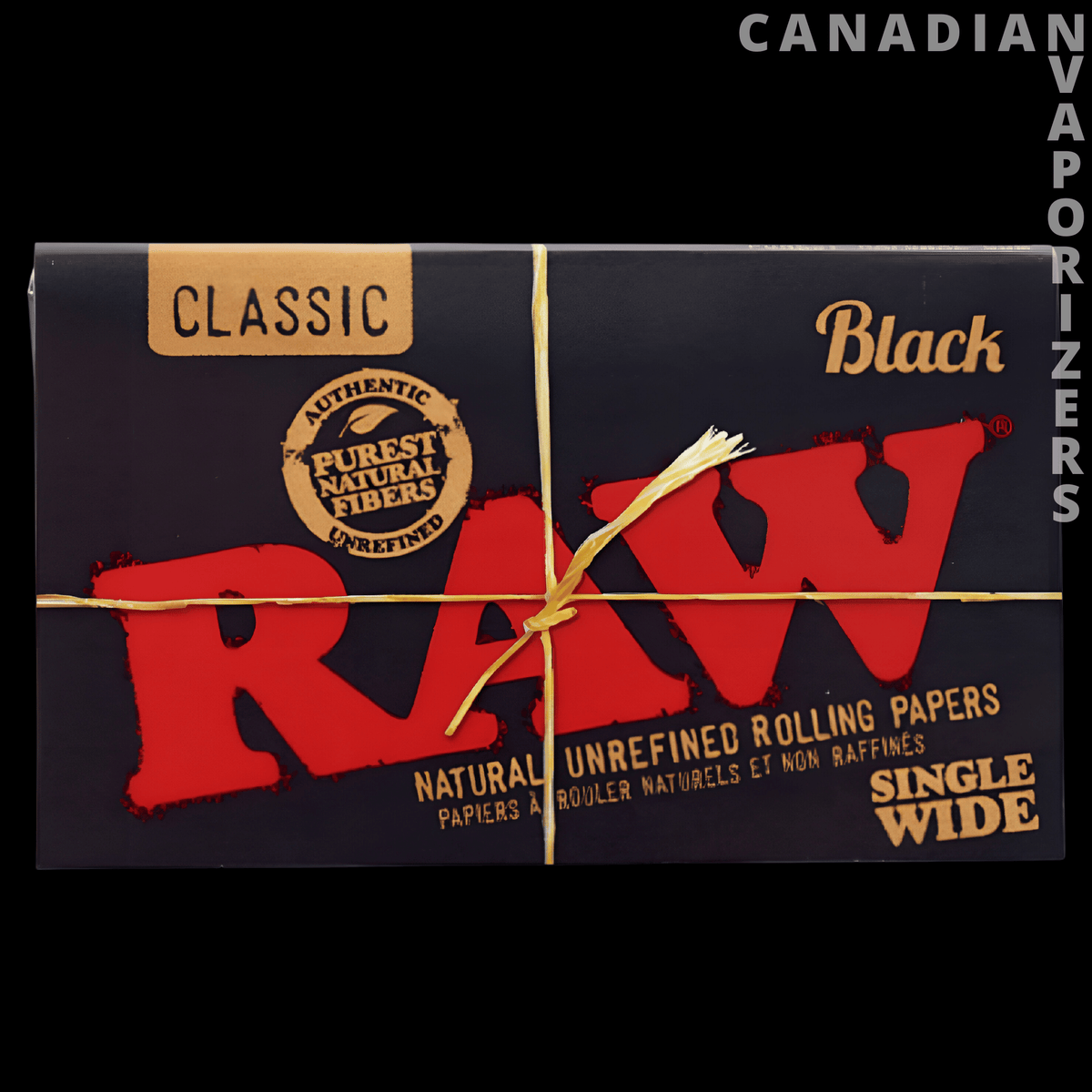 Raw Black Single Wide Double Window Rolling Papers (Display of 25) - Black RAW Classic Single Wide rolling paper display box with red lettering and natural hemp label.
