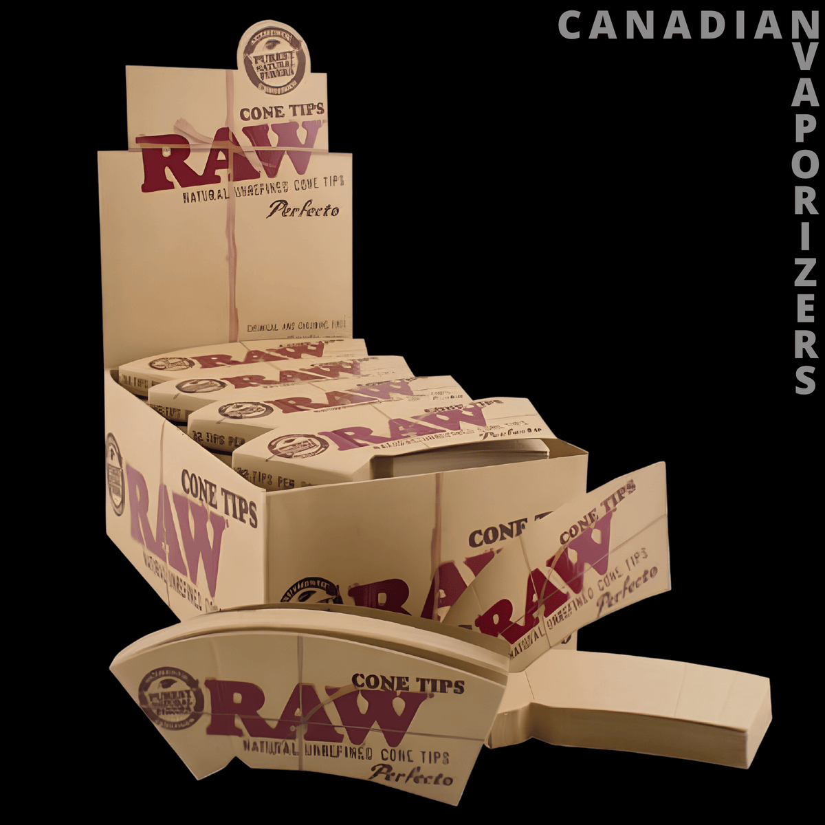 Raw Perfecto Cone Tips (Display of 24) - Display of 24 tan Raw Perfecto cone tip boxes with burgundy lettering and an open countertop carton.
