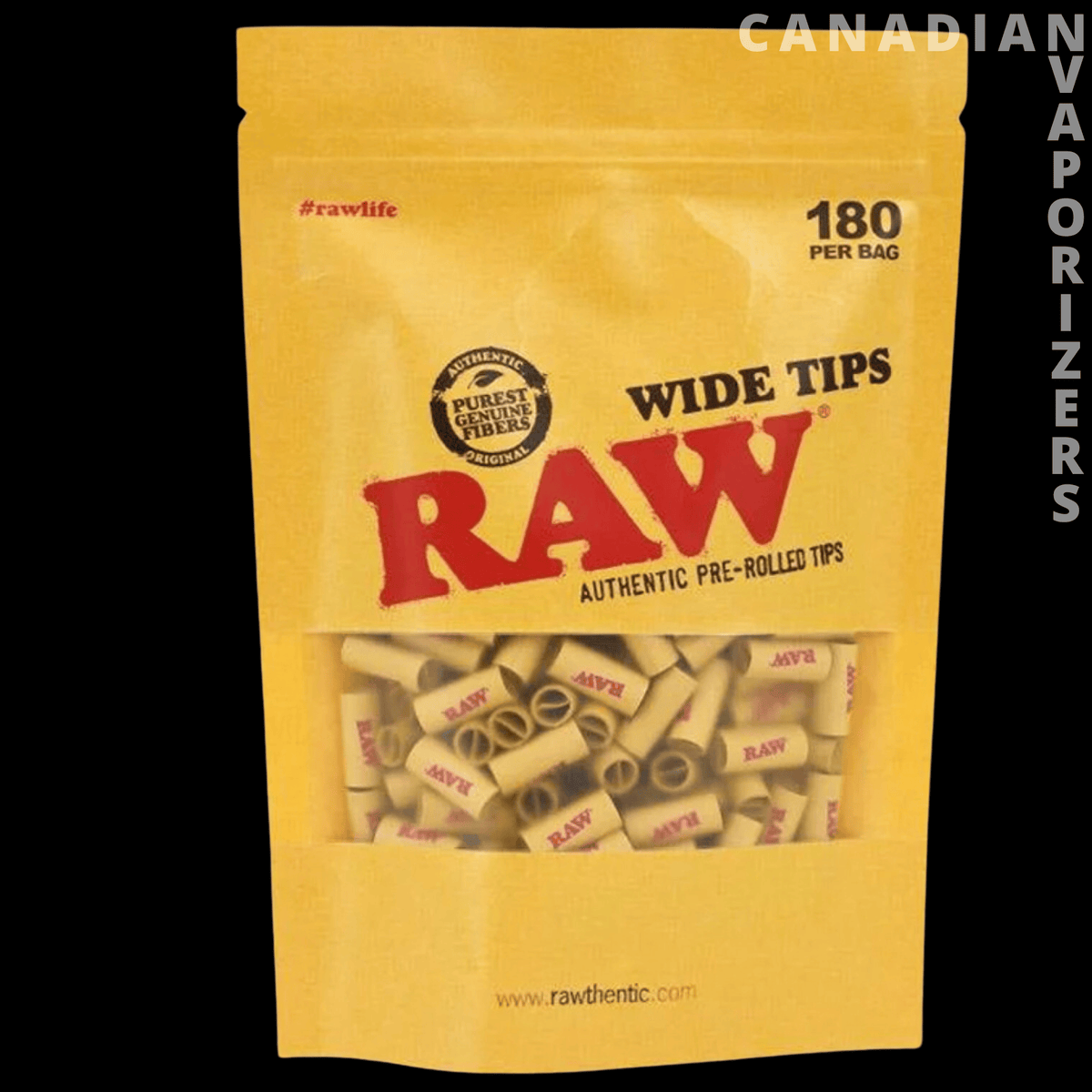 Raw Pre-Rolled Wide Unbleached Rolling Tips (Pack of 180) - Yellow RAW Wide Tips pouch with clear window showing unbleached pre-rolled tips, 180 per bag.