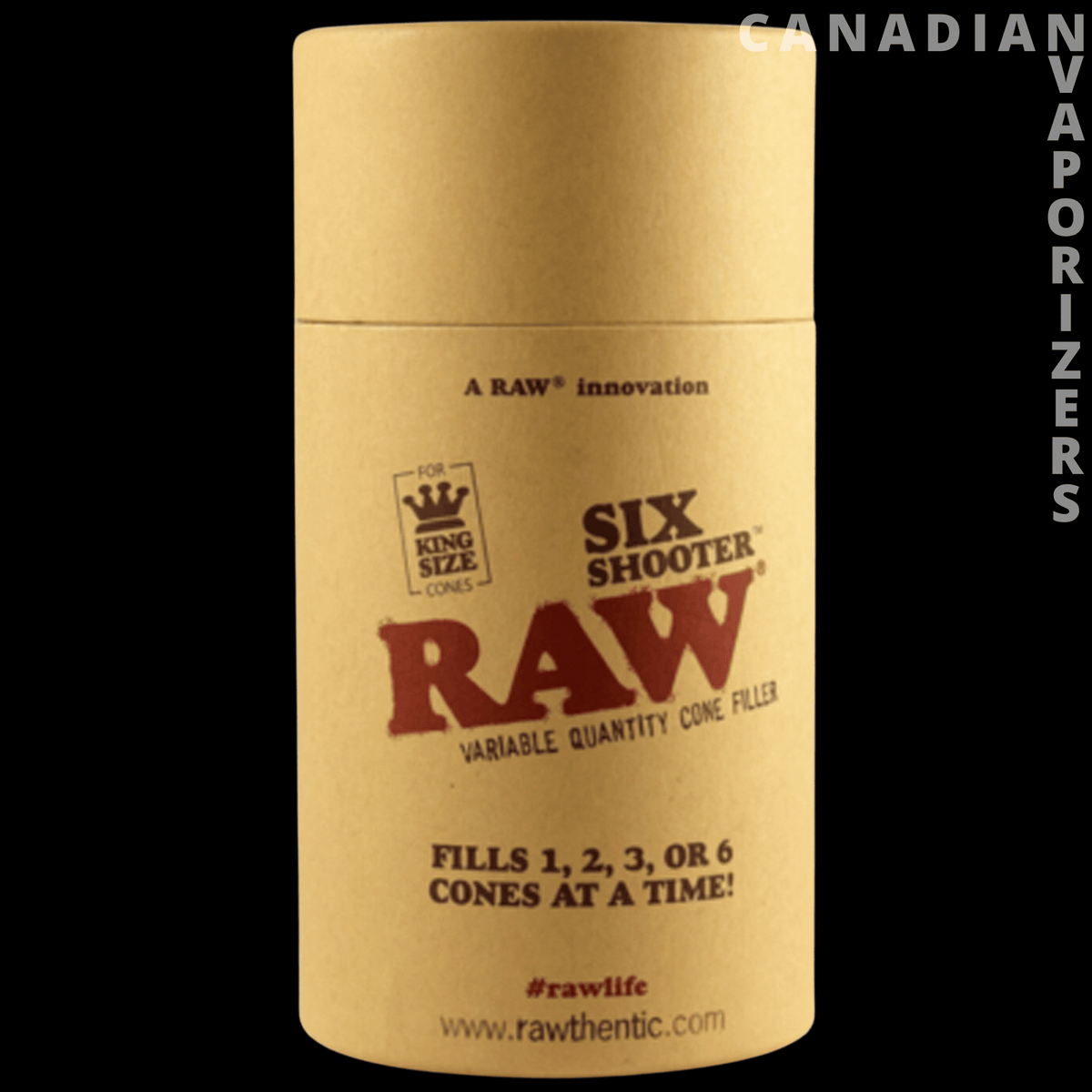Raw Six Shooter - Gold Raw Six Shooter cone-filling tube with bold red lettering and a six-cone capacity label.