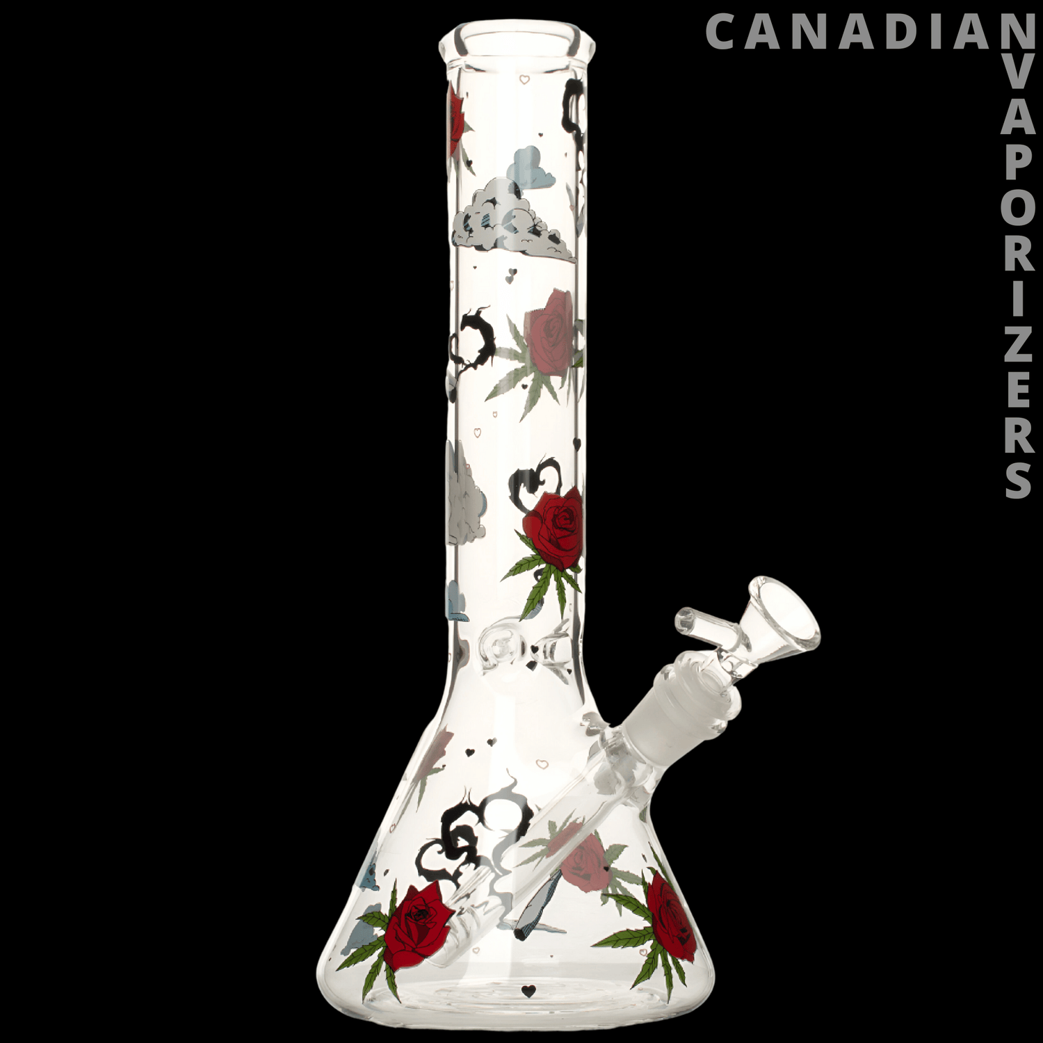 Red Eye Glass 12" Roses &amp; Weed Beaker Base Water Pipe - Canadian Vaporizers