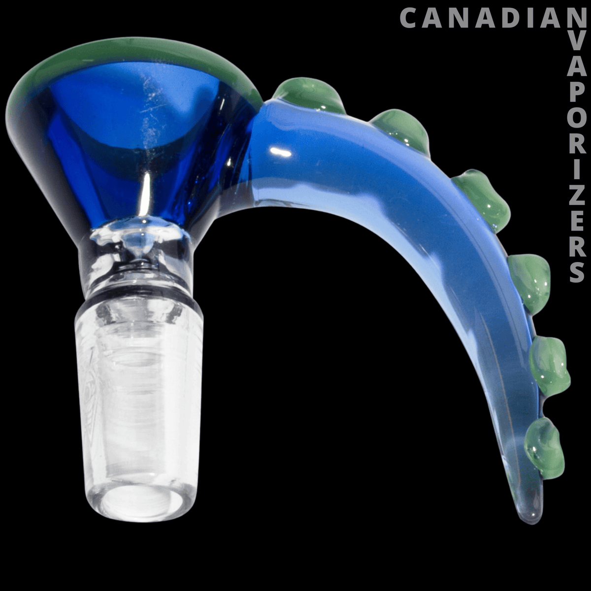 Red Eye Glass 14mm Tentacle Cone Pull-Out - Blue glass tentacle cone pull-out with a flared bowl, clear 14mm joint, and green suction-cup details.
