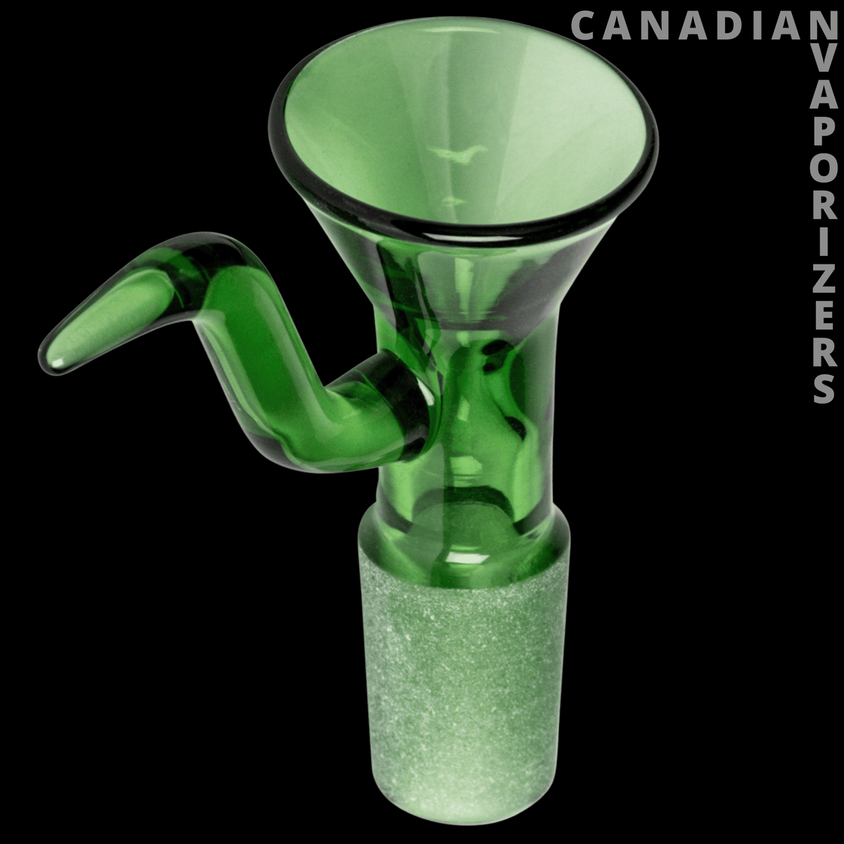 Red Eye Glass 14mm Cone Pull-Out - Green glass 14mm cone bowl with a flared top, curved pull handle, and frosted ground-glass joint.