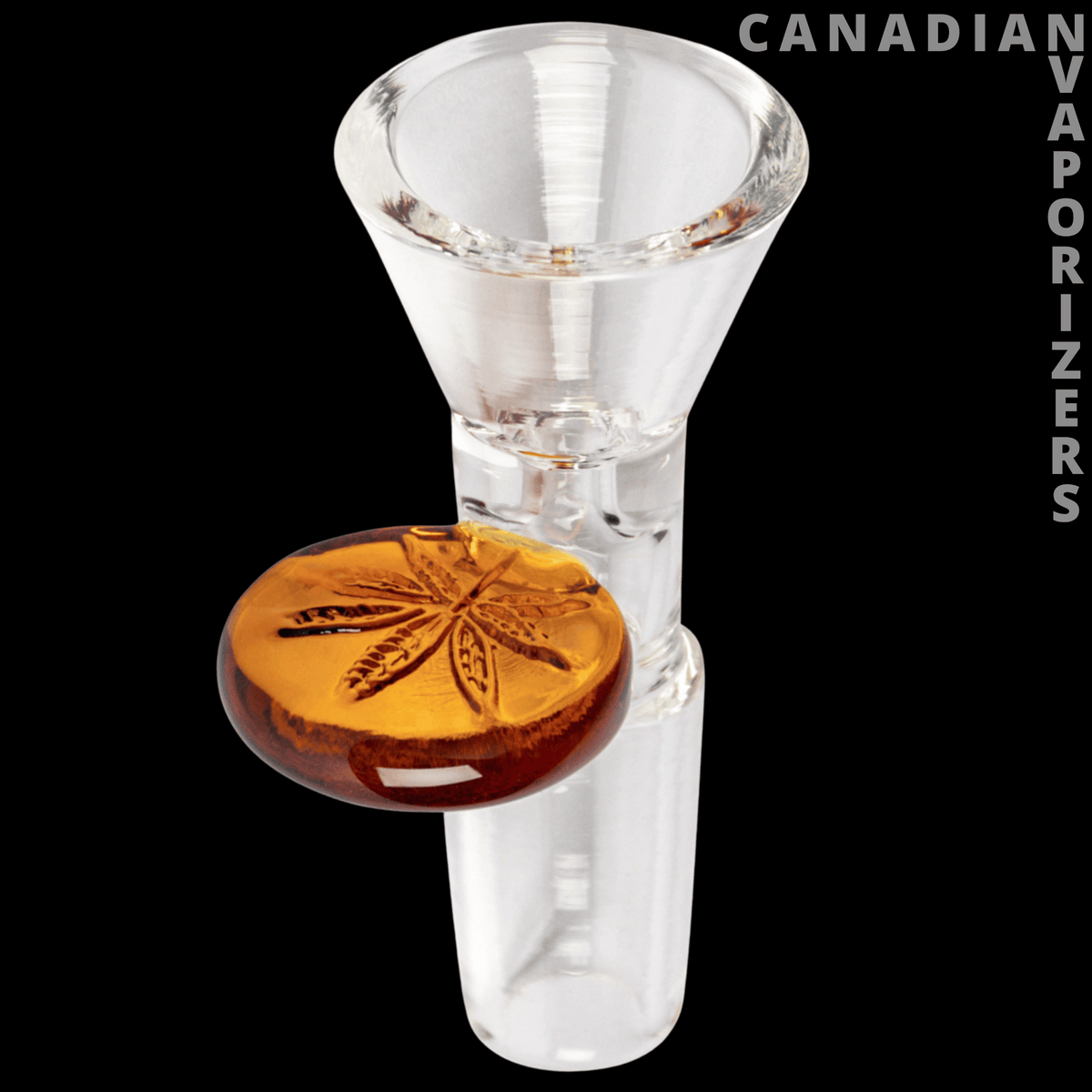 Red Eye Glass 14mm Cone Pull-Out W/Leaf Stamped Handle - Clear glass 14mm cone bowl with an amber leaf-stamped pull-out handle.
