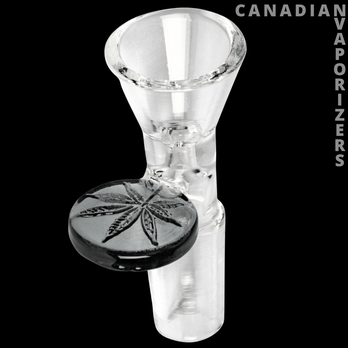 Red Eye Glass 14mm Cone Pull-Out W/Leaf Stamped Handle - Clear glass 14 mm cone pull-out with a dark leaf-stamped handle.