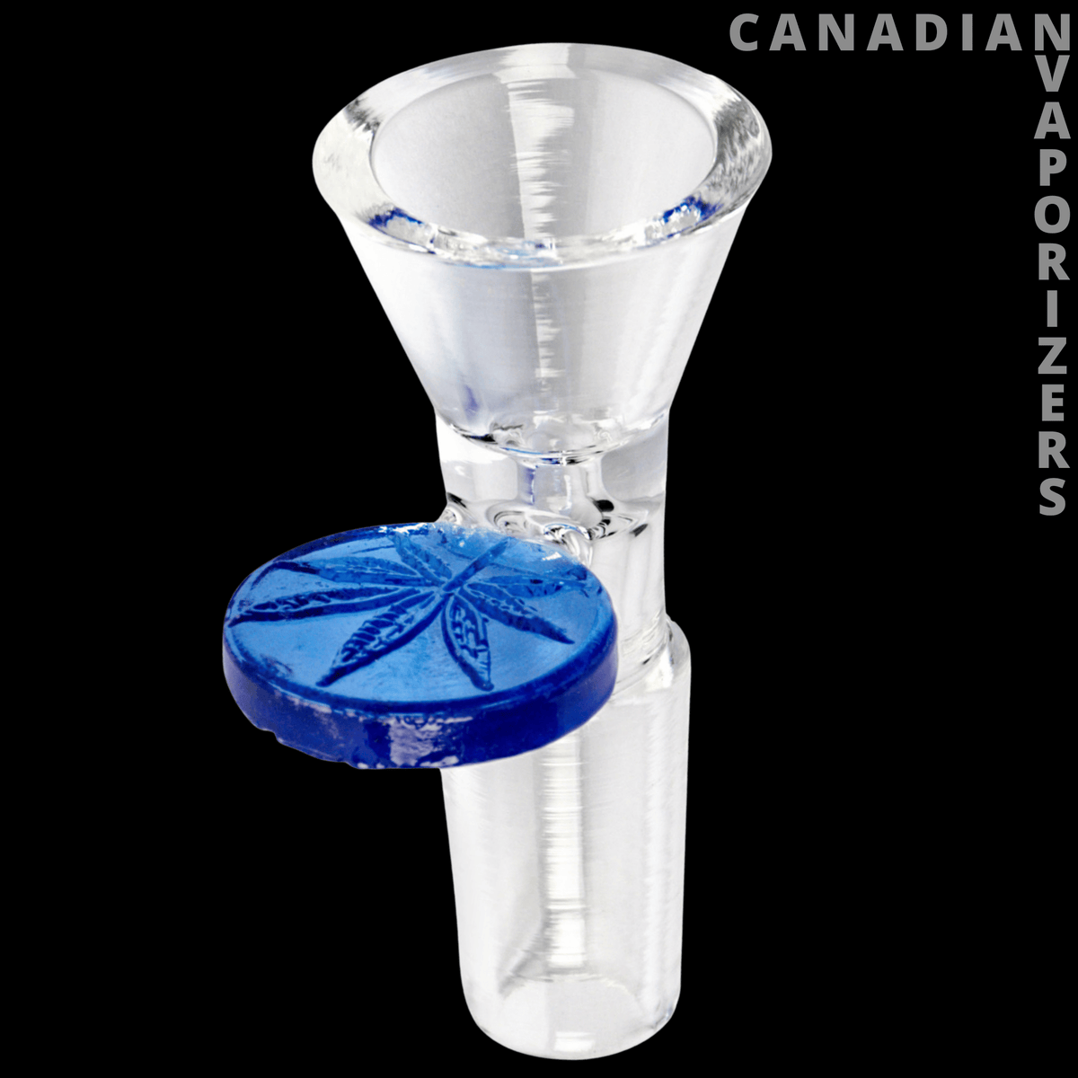 Red Eye Glass 14mm Cone Pull-Out W/Leaf Stamped Handle - Clear glass 14mm cone bowl with a cobalt blue leaf-stamped pull-out handle.