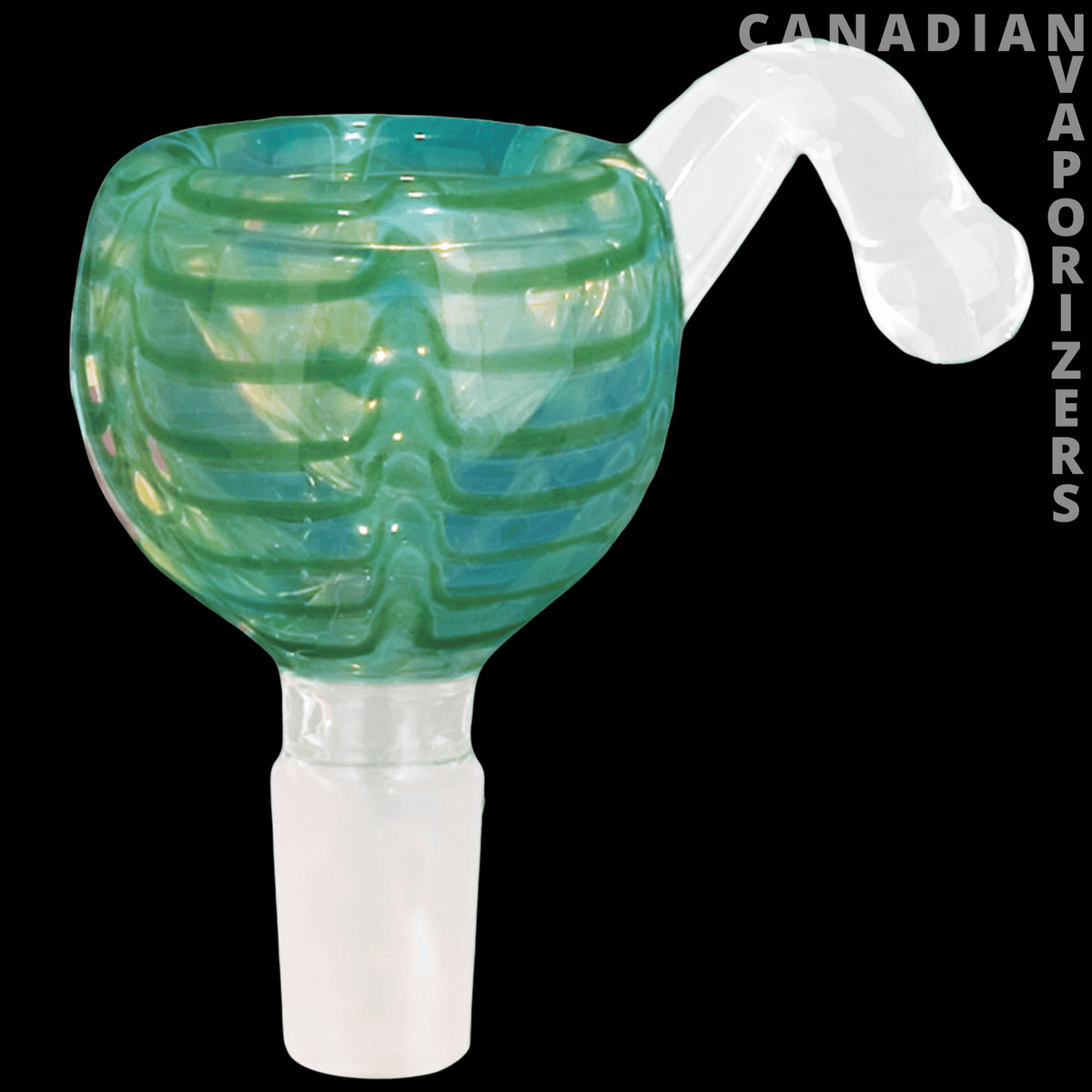 Red Eye Glass 14mm Glass-On-Glass Mushroom Pull-Out - Teal-green ribbed mushroom glass pull-out bowl with a clear angled glass stem and white joint.
