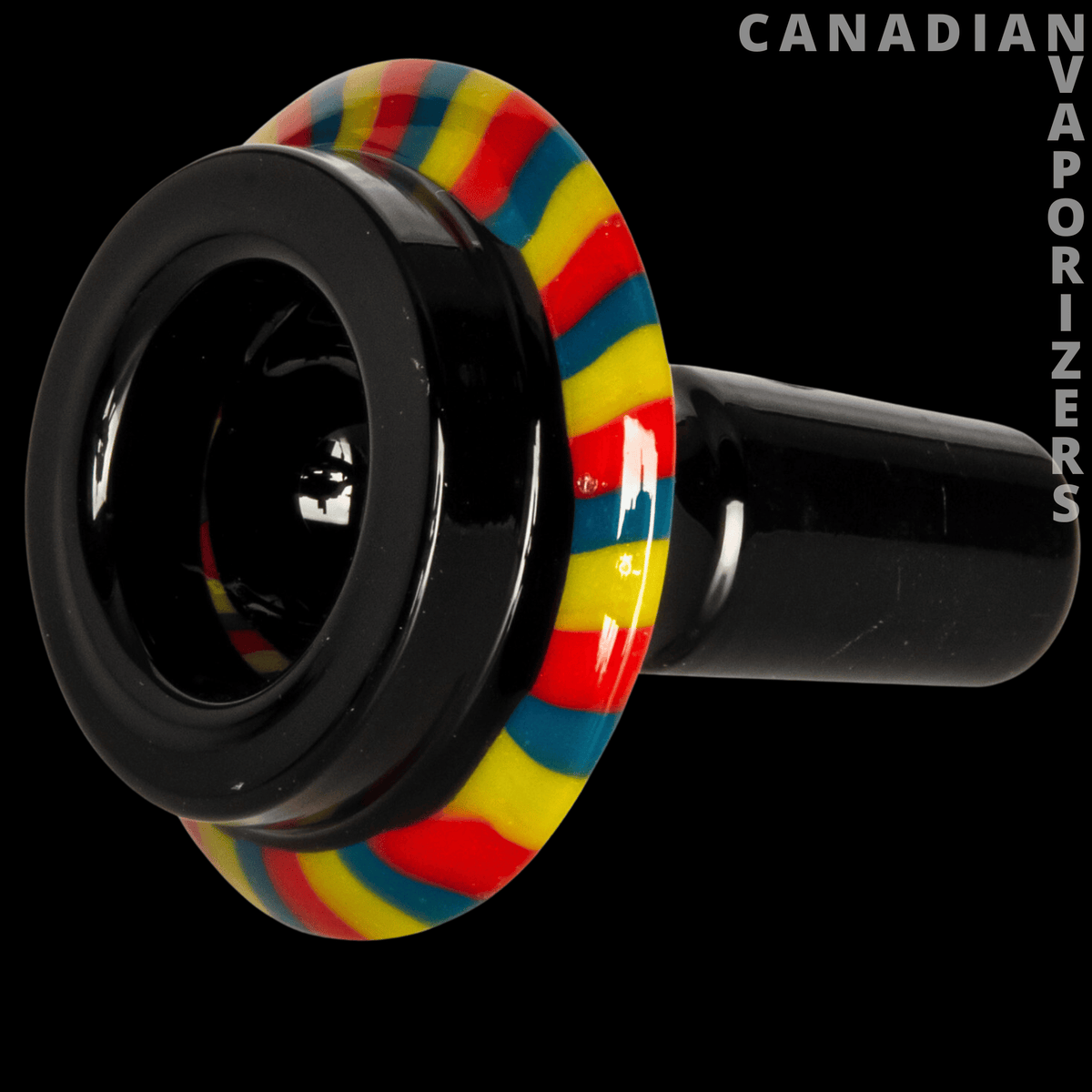 Red Eye Glass 14mm Multicolour Spacecraft Pull-Out (Assorted) - Black glass pull-out bowl with a rounded rim in bright red, yellow, blue, and green stripes.
