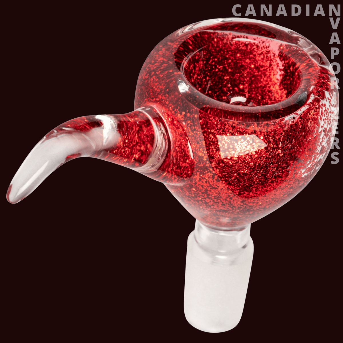 Red Eye Glass 14mm Sparkle Liquid Pull-Out - Clear glass 14mm bowl with red glitter-filled chamber, curved pull-out stem, and white joint base.