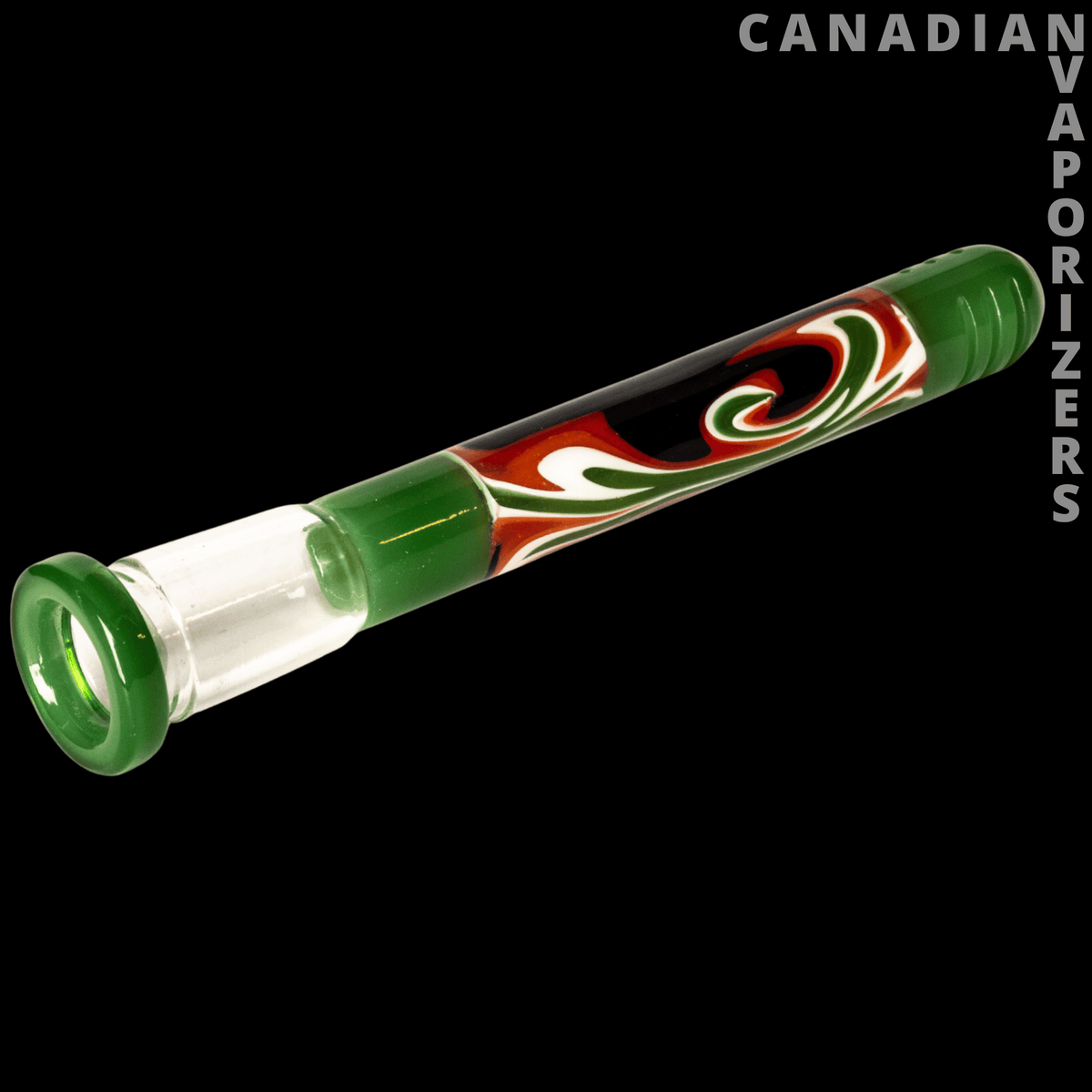 Red Eye Glass 14mm Wig-Wag Diffuser Downstem (130mm) - Jade green glass downstem with a clear diffuser tip and red-and-white wig-wag swirl design.