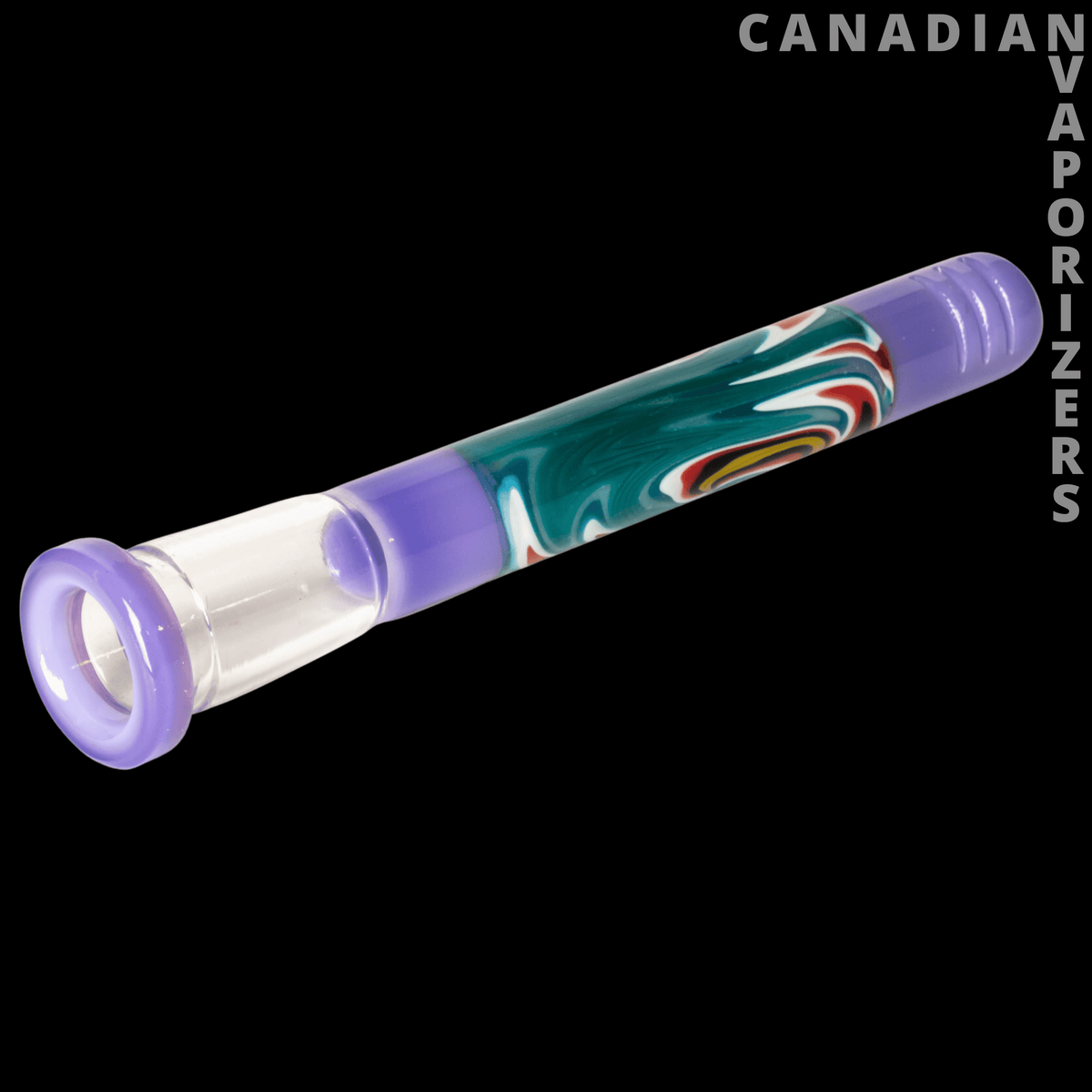 Red Eye Glass 14mm Wig-Wag Diffuser Downstem (130mm) - Teal glass downstem with purple joints, a flared end, and red-and-white wig-wag swirls.